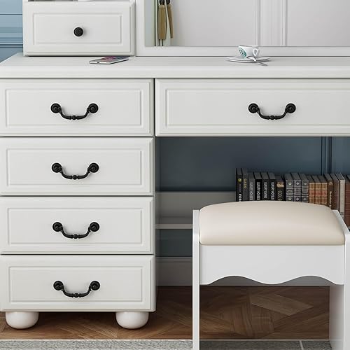 Miniatura 6 de RIDFY Juego de tocador de maquillaje con espejo y luces, escritorio de maquillaje con 6 cajones y taburete tapizado, mesa de tocador con brillo de