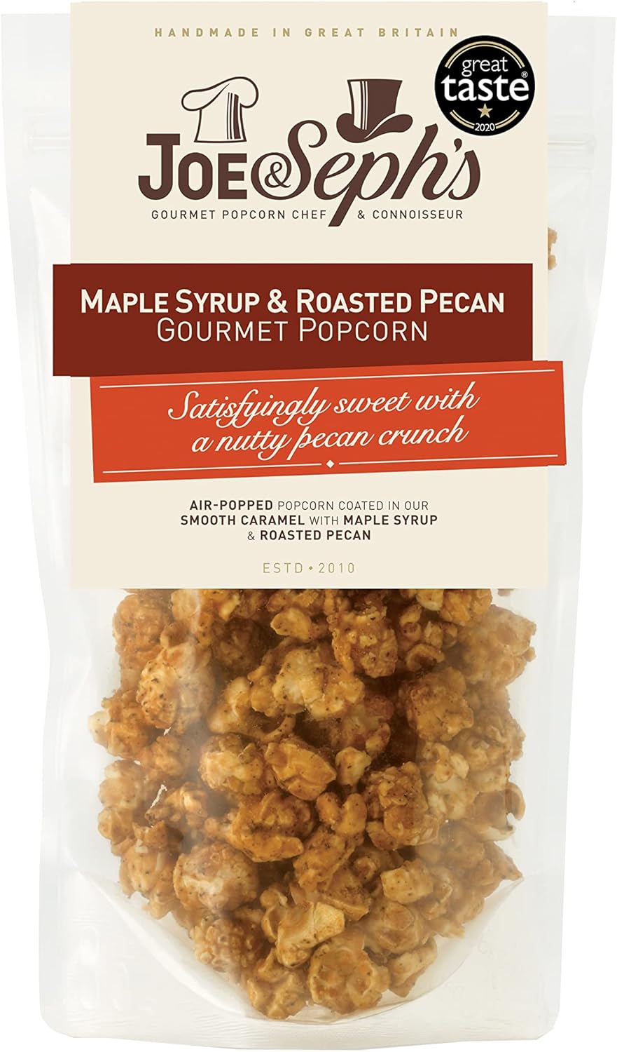 Joe & Seph's Maple Syrup & Roasted Pecan Gourmet Popcorn 1x80g |1 Star Great Taste Award, gourmet popcorn, air-popped popcorn, popcorn bag, on the go snack, sweet popcorn, nuts