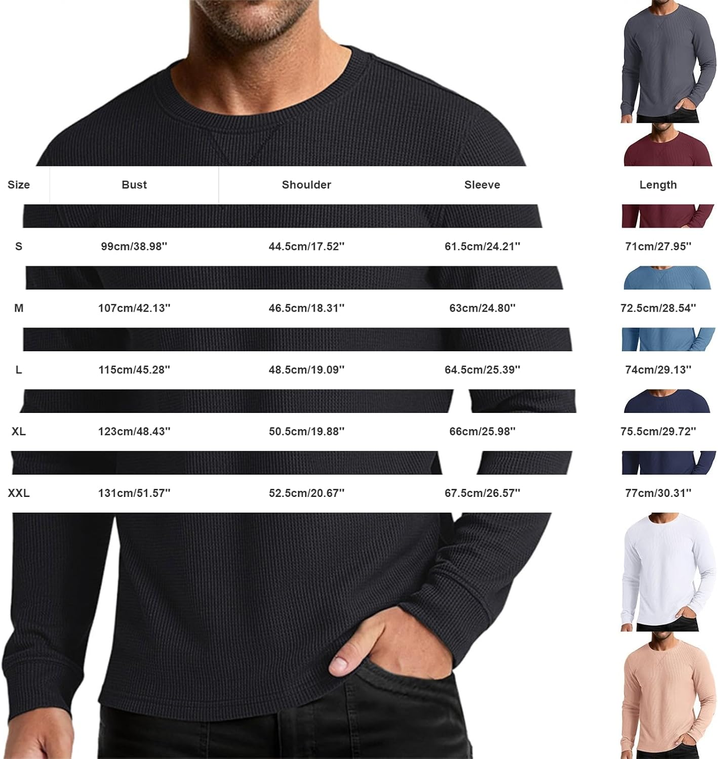 Mens Thermal Waffle Crewneck Shirts Causal Long Sleeve T-Shirt Lightweight Slim Fit Pullover Comfy Daily Base Layer