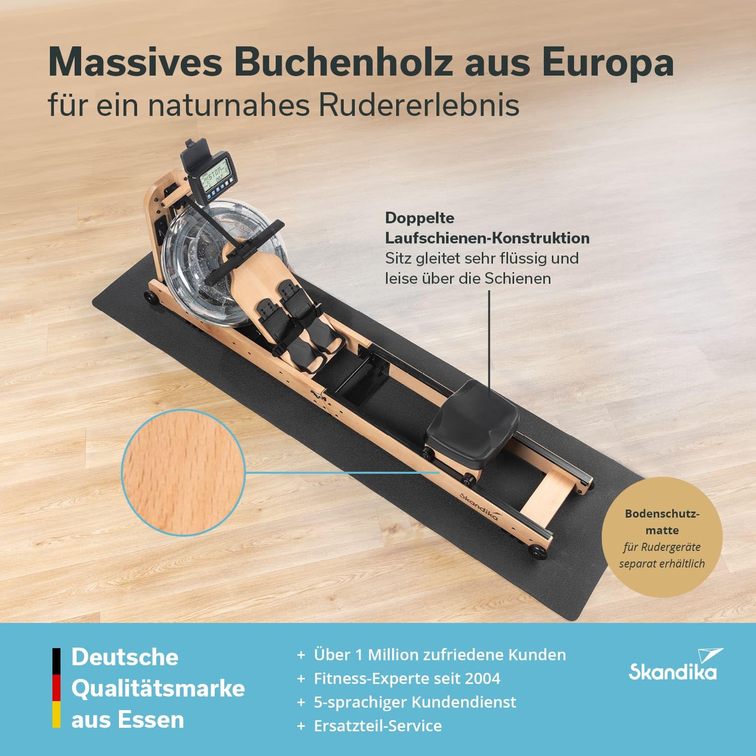 Skandika Wasserrudergerät Holz klappbar Nytta | Holz Rudergerät Wasser mit 45° Tank, 95% aufgebaut, schneller Aufbau, aus massiver europäischer Buche, Kinomap App kompatibel, Rudergerät für Zuhause