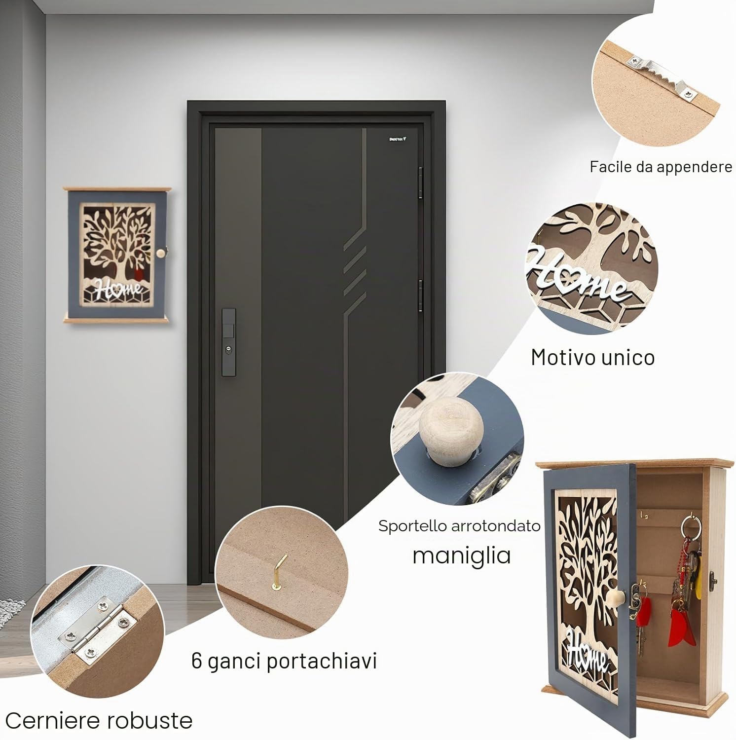 VOSSOT porta chiavi da muro per casa, cassetta portachiavi da parete, portas chiavi ingresso casa, portachiavi da parete, cassetta portas chiavis da muro con 6 ganci, grande per gioielli,sciarpe