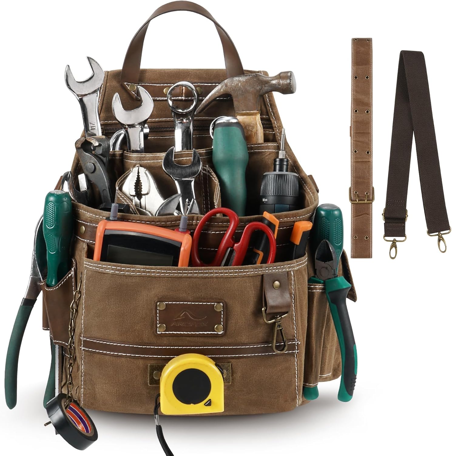 ARCFOX 11-Pockets Tool Belt Pouches, Electrician Tool Pouch with Hammer Loops and Tape Clip,Tool Pouch with Belt Clip for Men Electrician Carpenter and Maintenance Worker