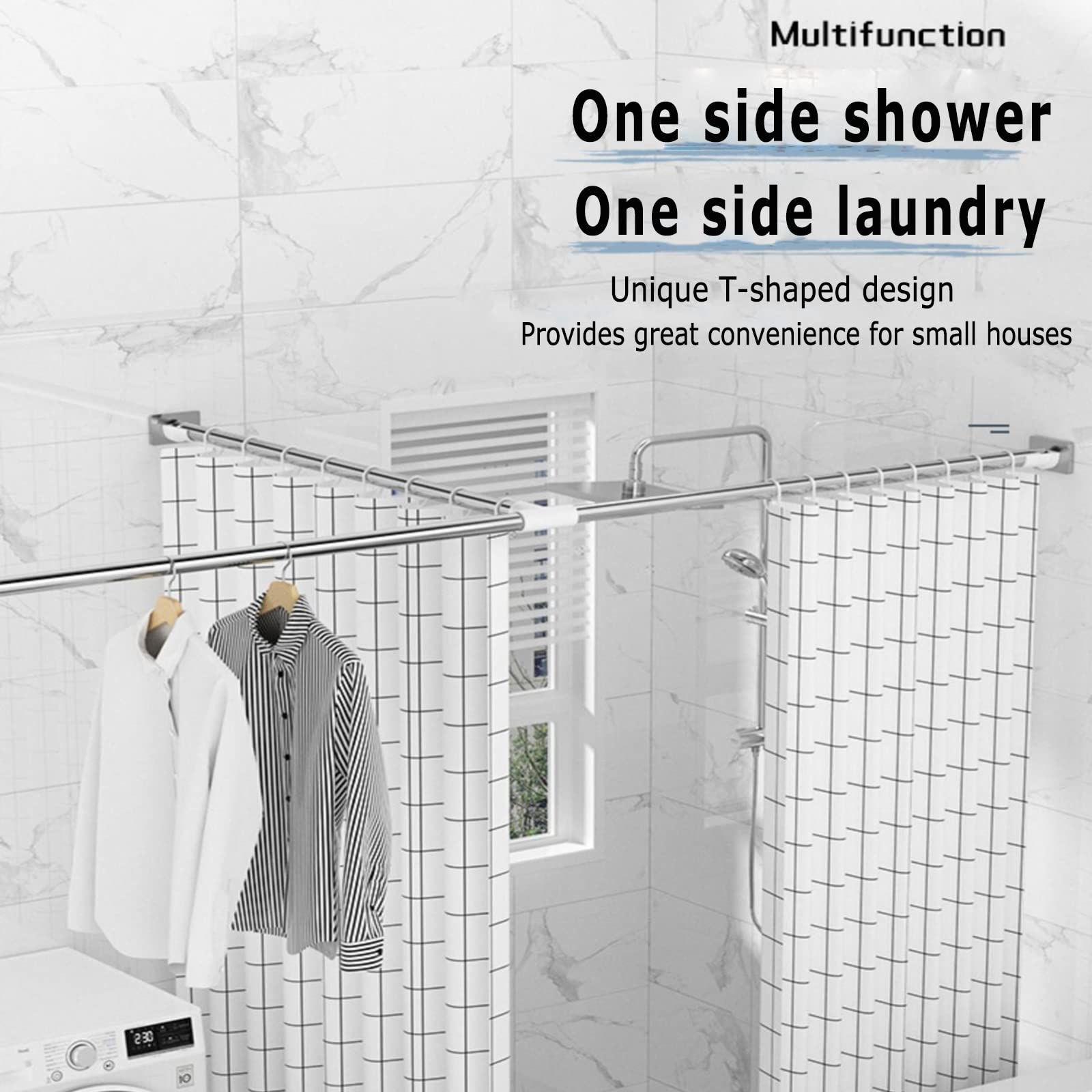 TSd Barra de ducha ajustable de acero inoxidable sin taladrar para baño, ducha, tina, vestuario (tamaño: D 140220 + 110170 cm)