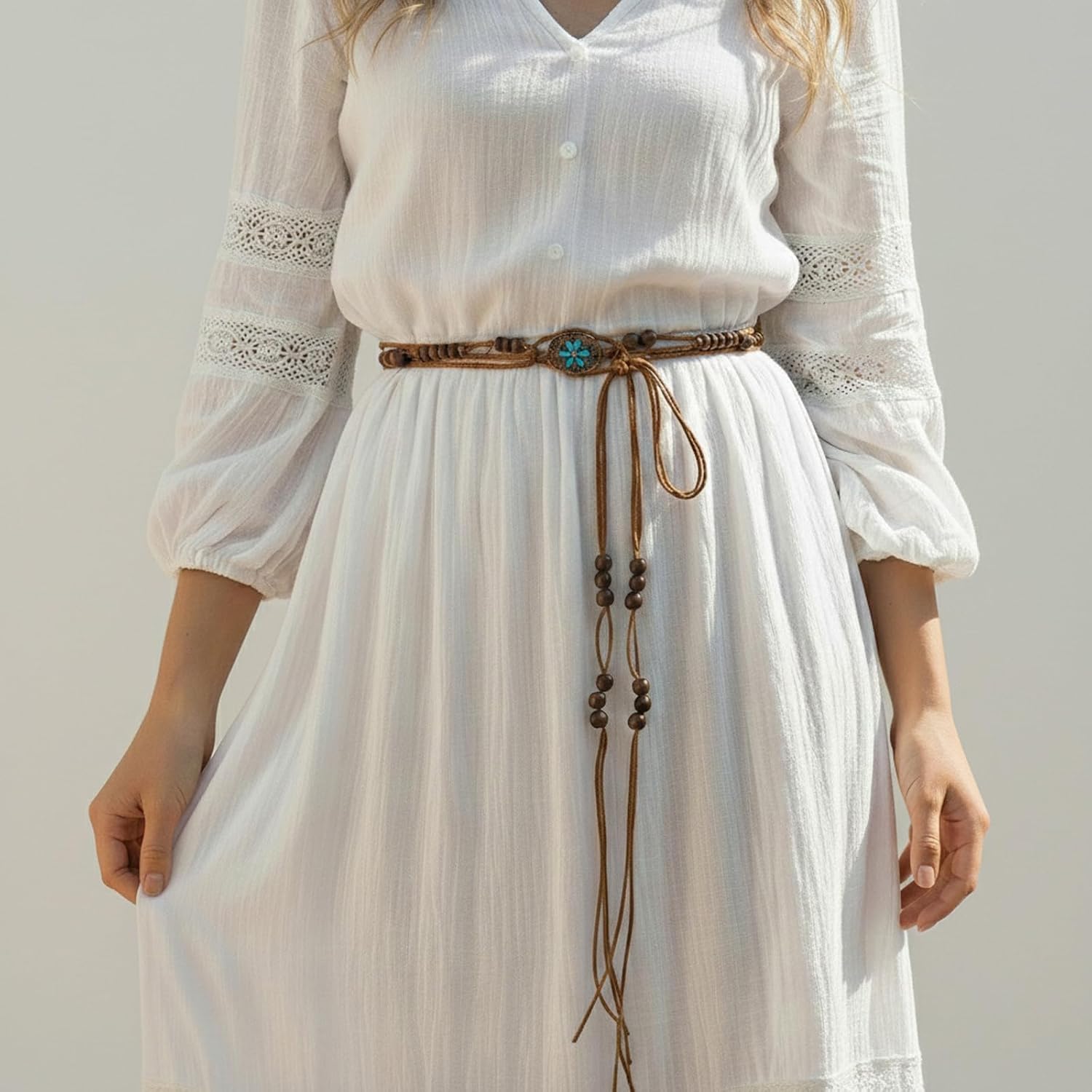 Boho Flower Wooden Bead Waist Belt, Vintage Woven Body Chain, Adjustable Cord Jewelry for Jeans Dress & Beach Wear image 5
