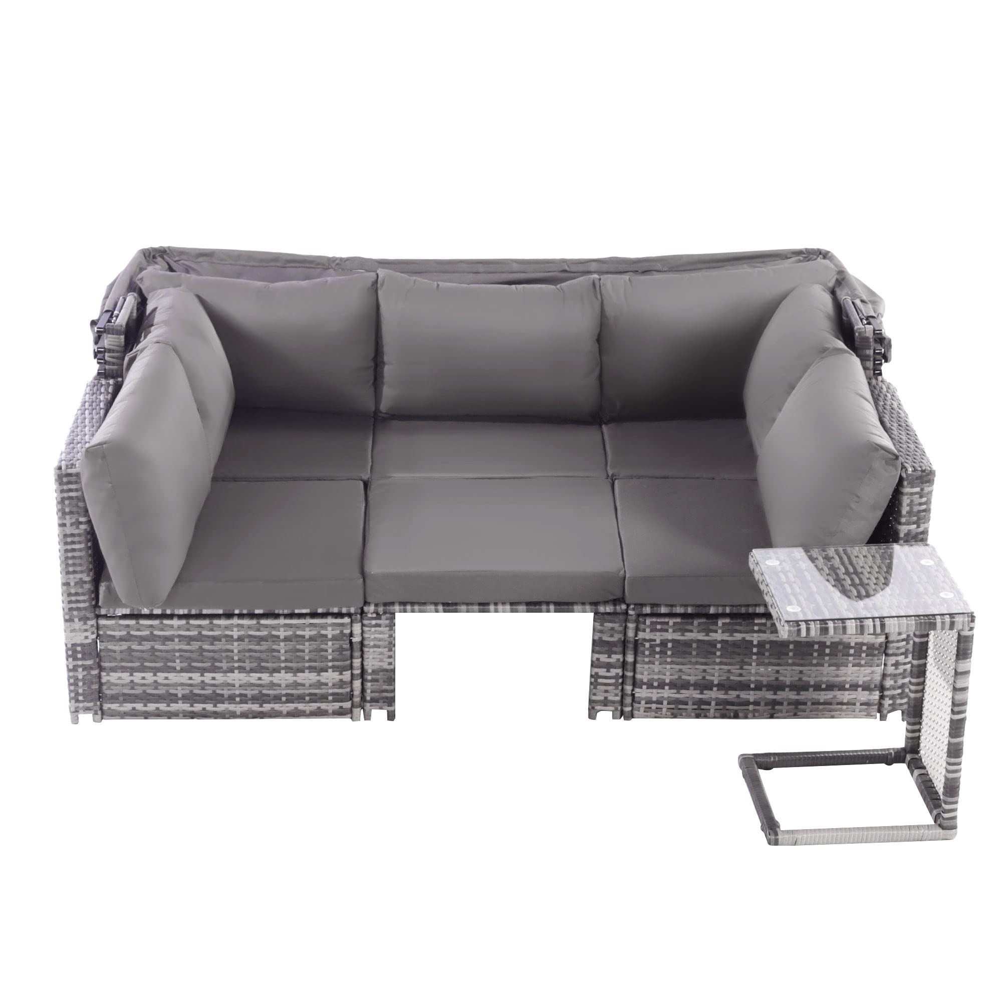Set di sedie da giardino in rattan, divano con tettuccio parasole, sgabello, poltrone e tavolo, mobili da giardino per esterni, mobili da giardino, balcone e giardino, mobili da terrazza