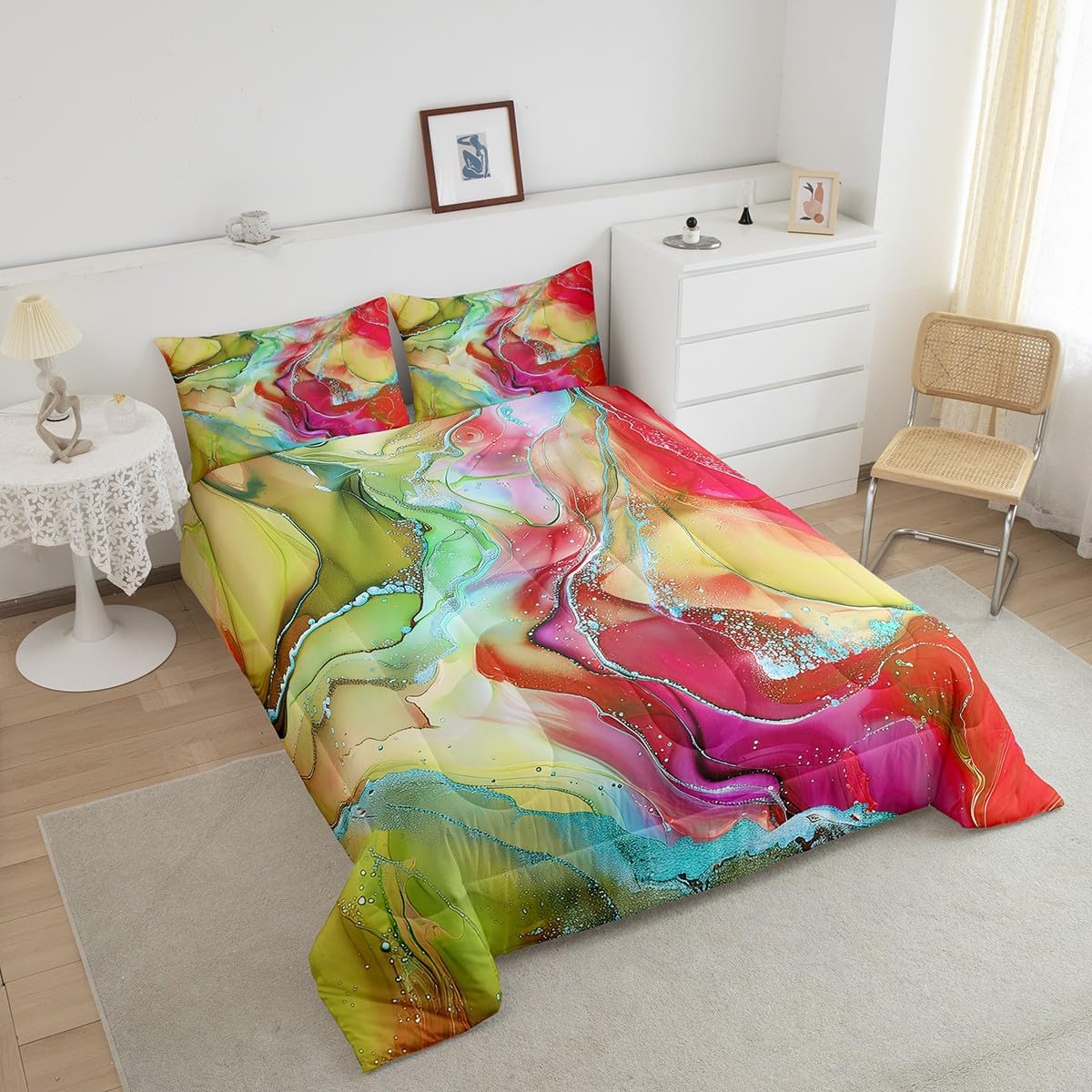 Erosebridal Chic Marble King Size Comforter Set Yellow Red Watercolor Bedding Set for Girls, Colorful Tie Dyed Down Comforter Aesthetic Marbling Bed Set, Stone Pattern Quilted Duvet Yellow Red King image 4 of 7 B0DCJLLXHR