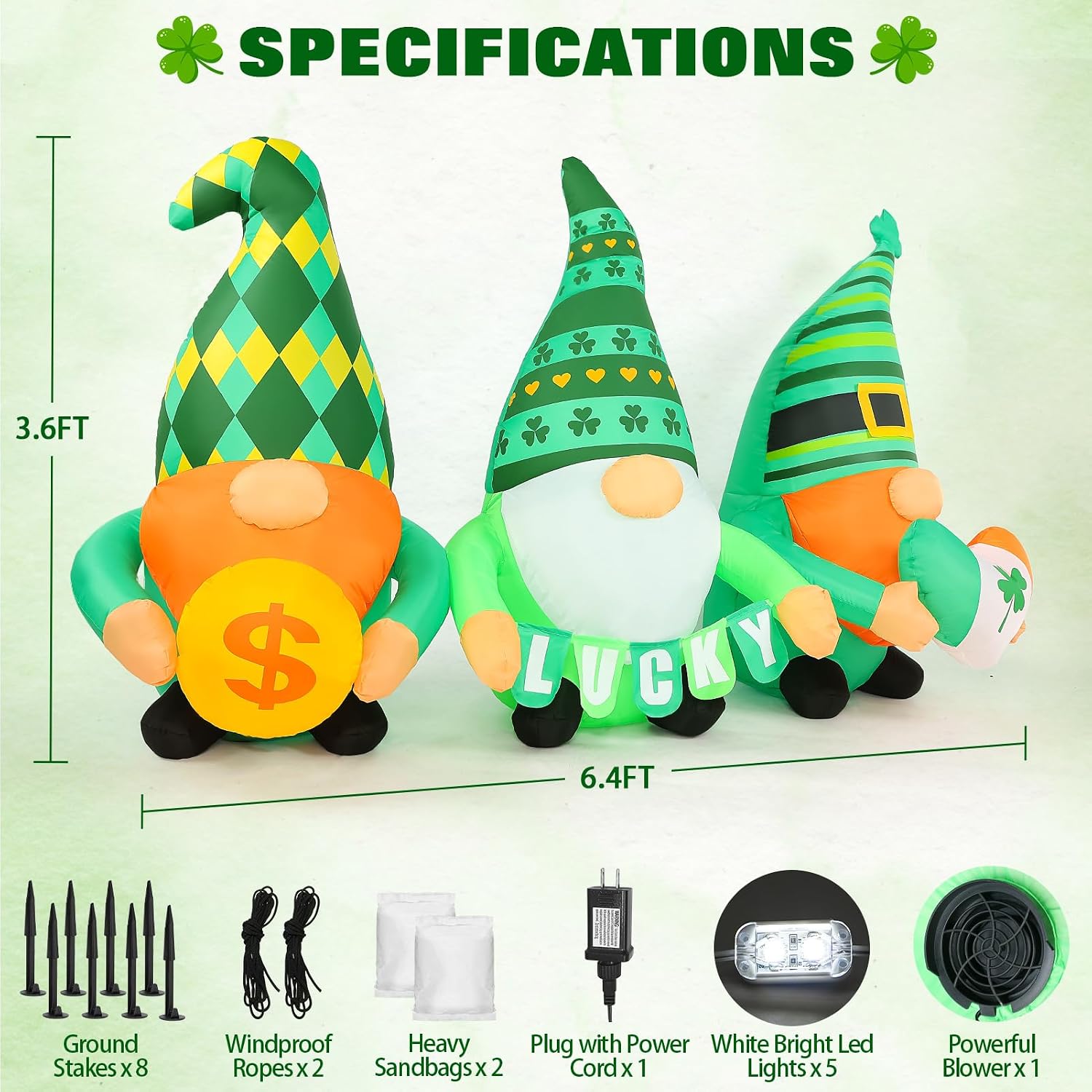 6FT St. Patricks Day Inflatable Outdoor Decorations Gnomes with Gold Coin Shamrock Lucky Leprechaun Irish Elves Blow Up Yard Ornament with Lights for Holiday Home Garden Party St. Patty’s Day Décor