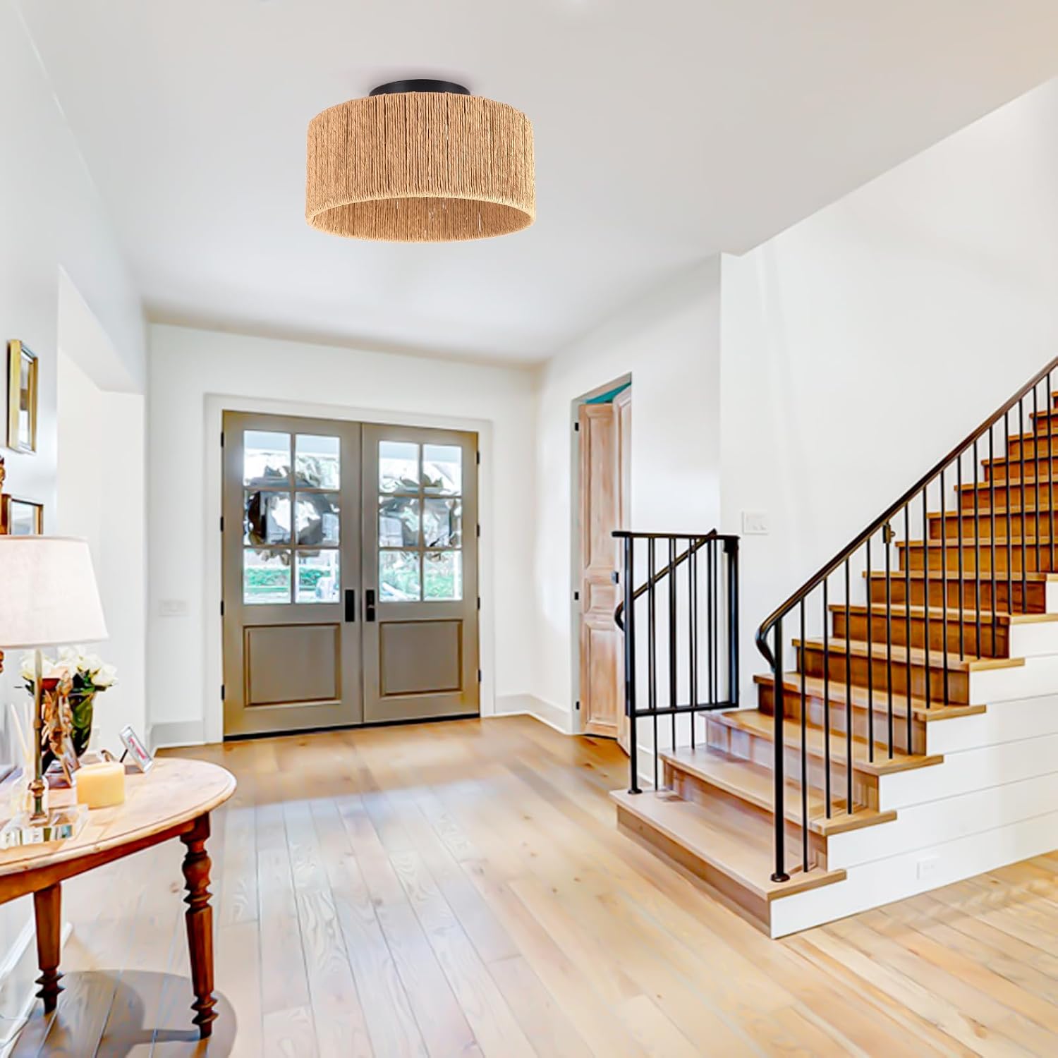 12.6" Bohemian Vintage Ceiling Light, Rattan Weave Recessed Ceiling Mounted, Jute, 3 Lights for Hallway Bedroom Kitchen Passage Farmhouse Entrance Living Room Light Fixture