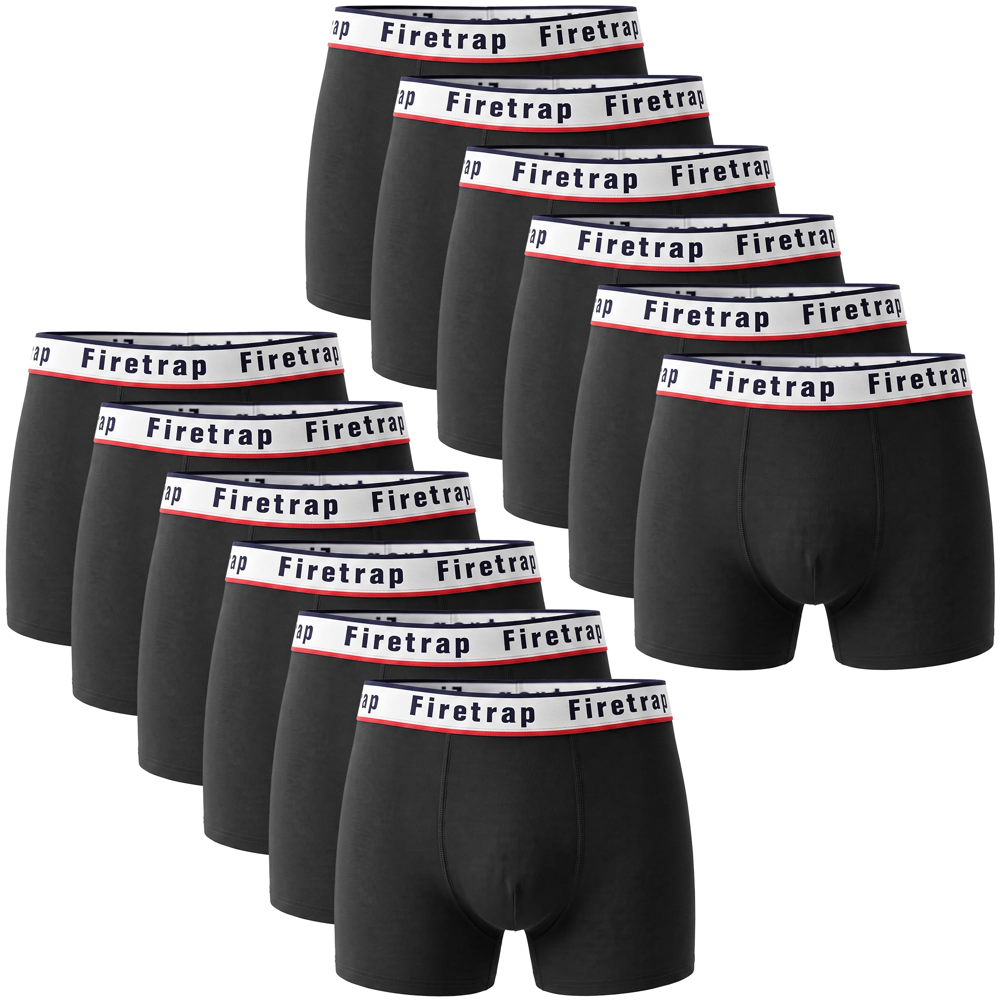 Firetrap Men's All Black 12 Pack Designer Boxer Shorts, Underwear Gift Set Trunks Comfortable Stretch Cotton Plain Colours Briefs Xl