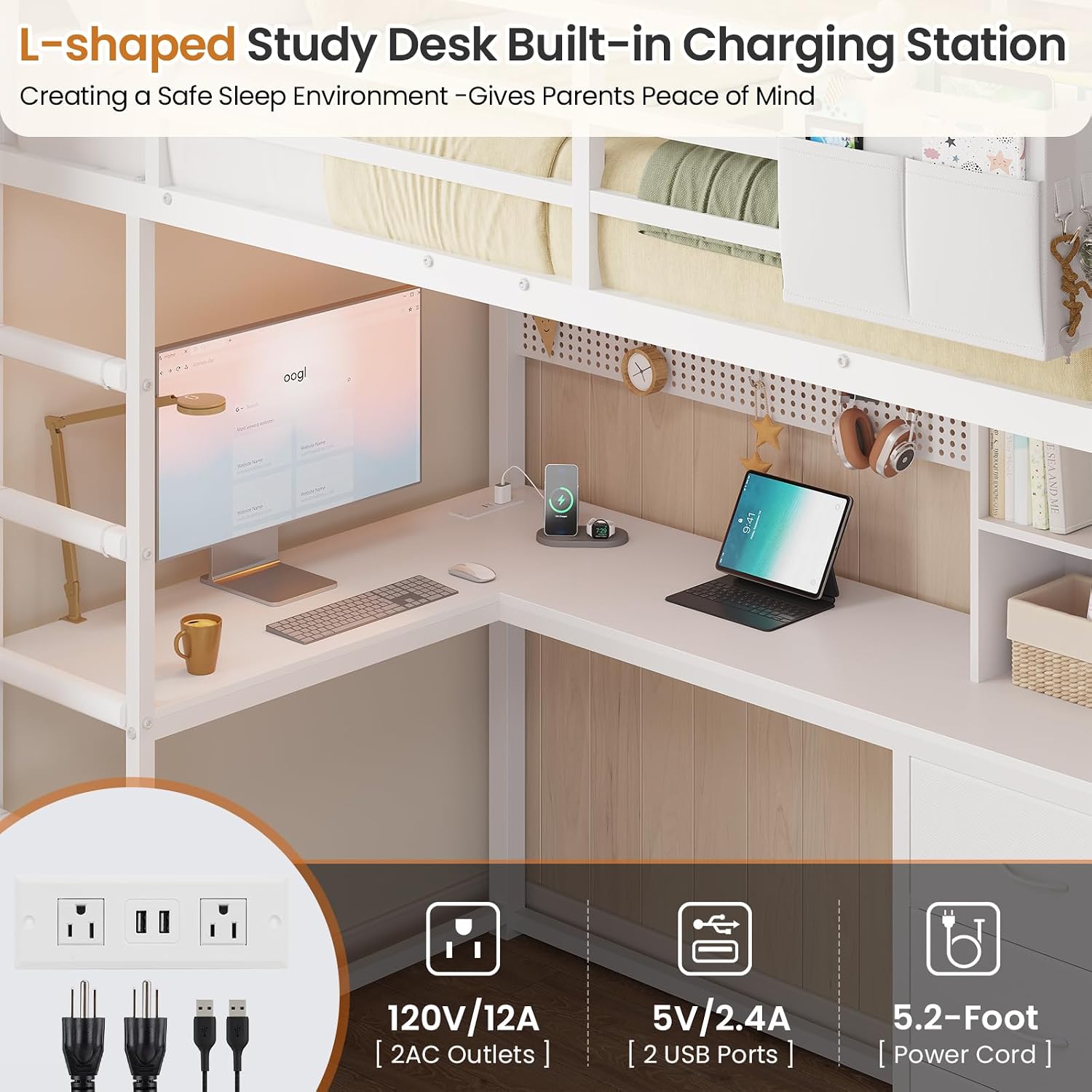 Image of the L-shaped desk area with a laptop, monitor, and the built-in charging station featuring AC outlets and USB ports.