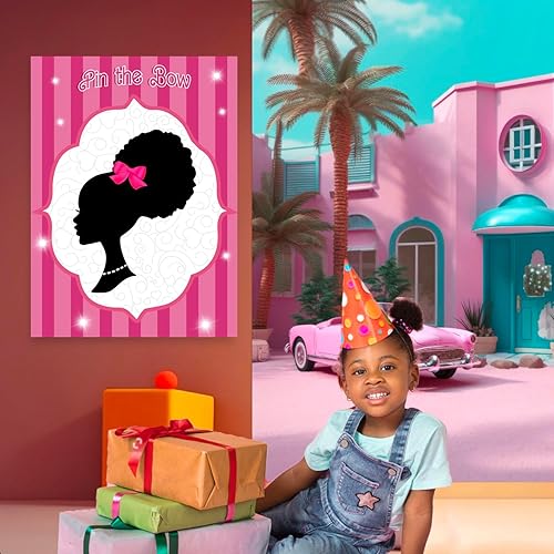 Miniatura 7 de Decoraciones de fiesta rosas para niñas, decoraciones de cumpleaños de niñas negras, juegos de fiesta, pin el lazo en la cabeza de las niñas, juego