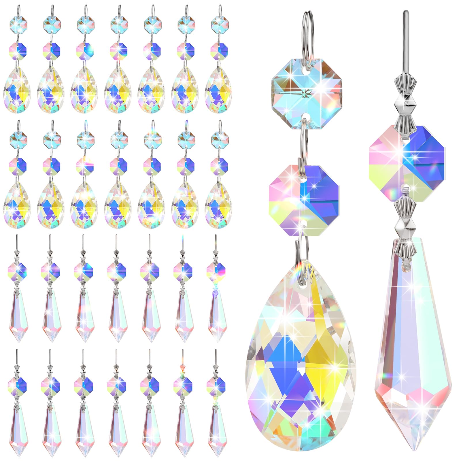 Potchen 24 Pcs Chandelier Crystal Replacement 38 mm Teardrop & Icicle Crystal Prisms Hanging Gems Parts for Lamps and Chandeliers Suncatcher Christmas Tree Windows Home Decor (Colorful)