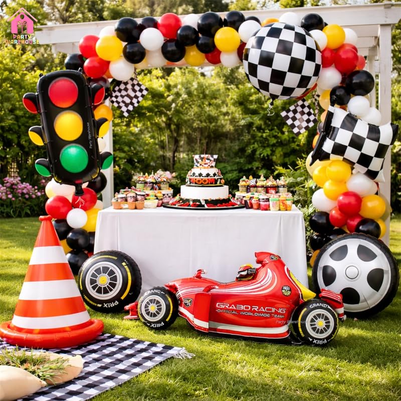 Image of Party Warehouse Racing Theme Foil Balloons Set|Car,Tyre,Traffic Light,Cone & Checkered Flag Balloons for Kids Birthday,Car Party, Formula Race Day & Motorsport Theme- XL Size-6 Pcs