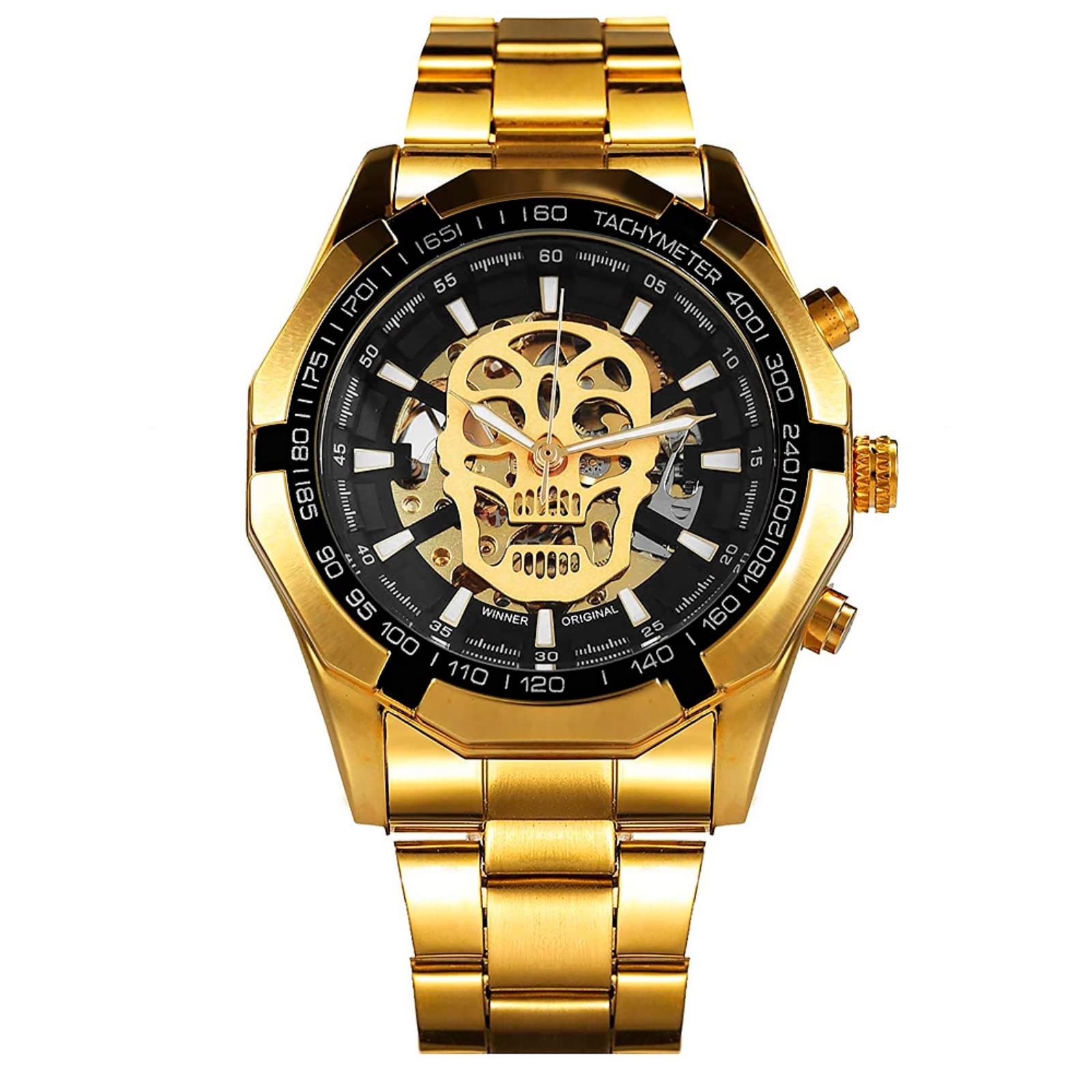 BLACK MAMUT Reloj Hombre Carátula de Calavera, Skull, Movimiento, Análogo, Movimiento Automático, Correa Metálica, Hebilla Broche, Diseño Moderno, Elegante, Contemporáneo