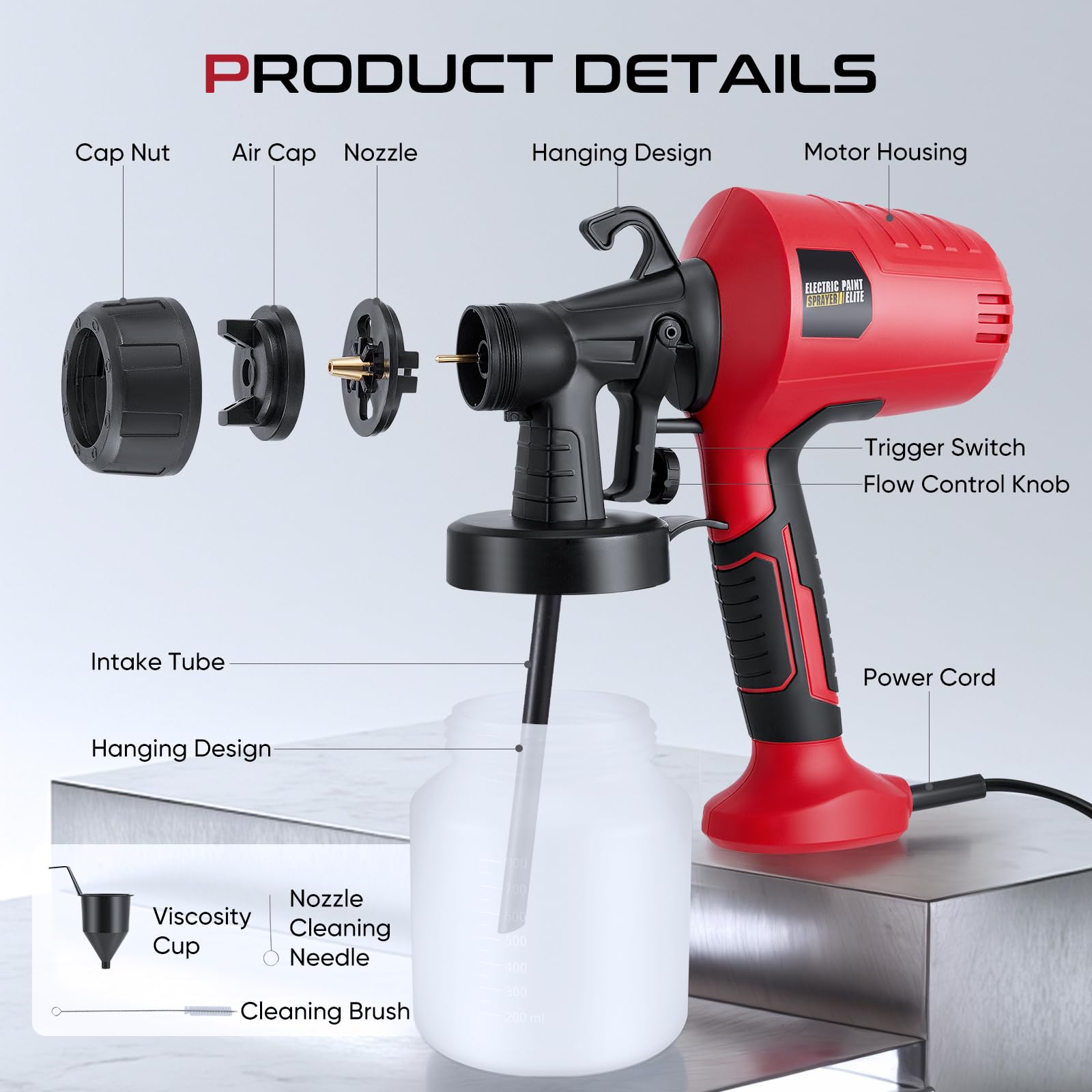 Sistema de pulverización de pintura, 500 W HVLP pistola de pintura eléctrica con 4 boquillas y 3 patrones de pulverización, 800 ml de flujo de pintura, pistola eléctrica para vallas, armarios, paredes