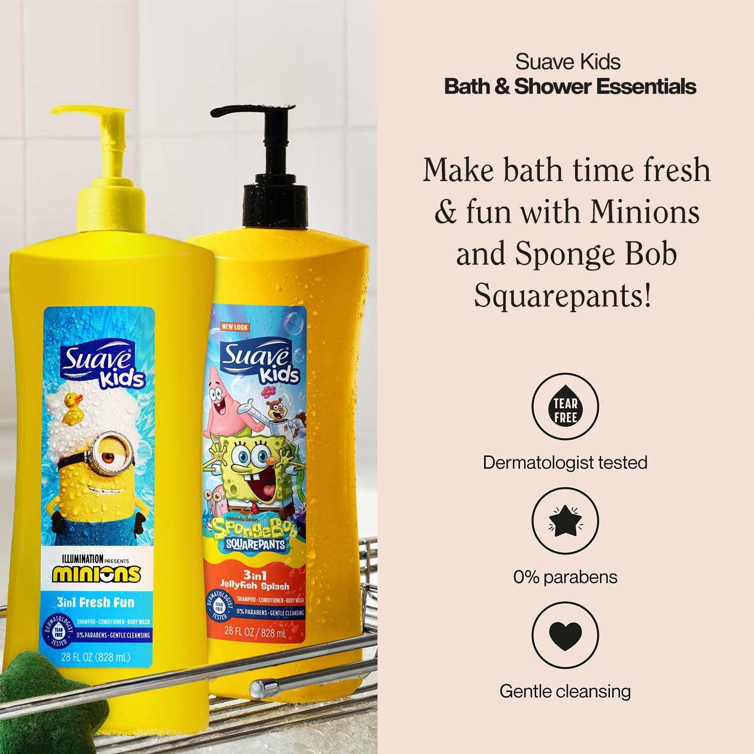 Suave Kids 3-in-1 Variety 2-Pack – Minions Fresh Fun + SpongeBob SquarePants JellyFish Splash Tear-Free Shampoo, Conditioner & Body Wash, 28 Oz Ea
