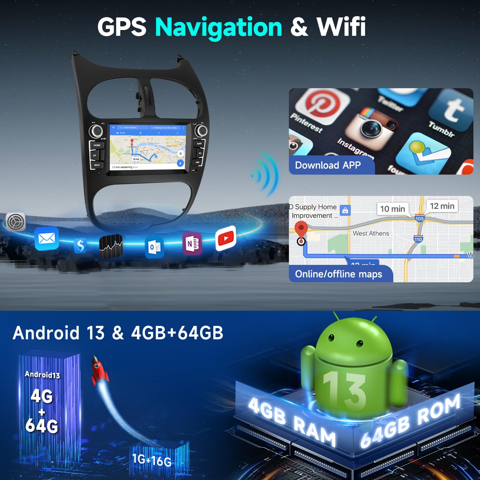 4GB+64GB Android Autoradio pour Peugeot 206 206CC 206SW 1998-2016 Citroen C2 2004-2008, Hodozzy 6,2 Pouces Écran Tactile avec Carplay sans Fil Android Auto GPS WiFi Bluetooth FM/RDS DSP Canbus Caméra