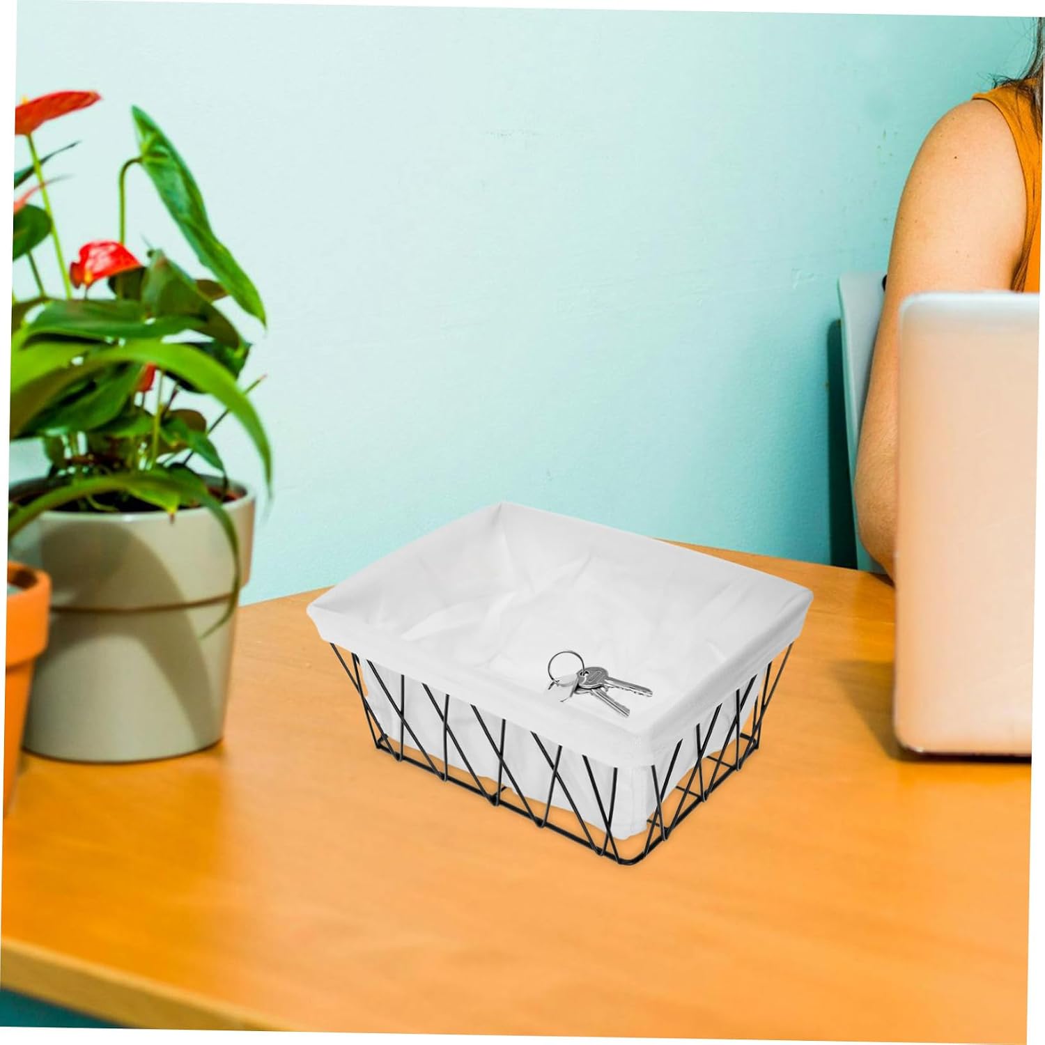 Multipurpose Wire Storage Basket with Fabric Liner for Bathroom Kitchen Closet and Office Iron Construction Large Capacity Space-saving Desktop Organizer Bin