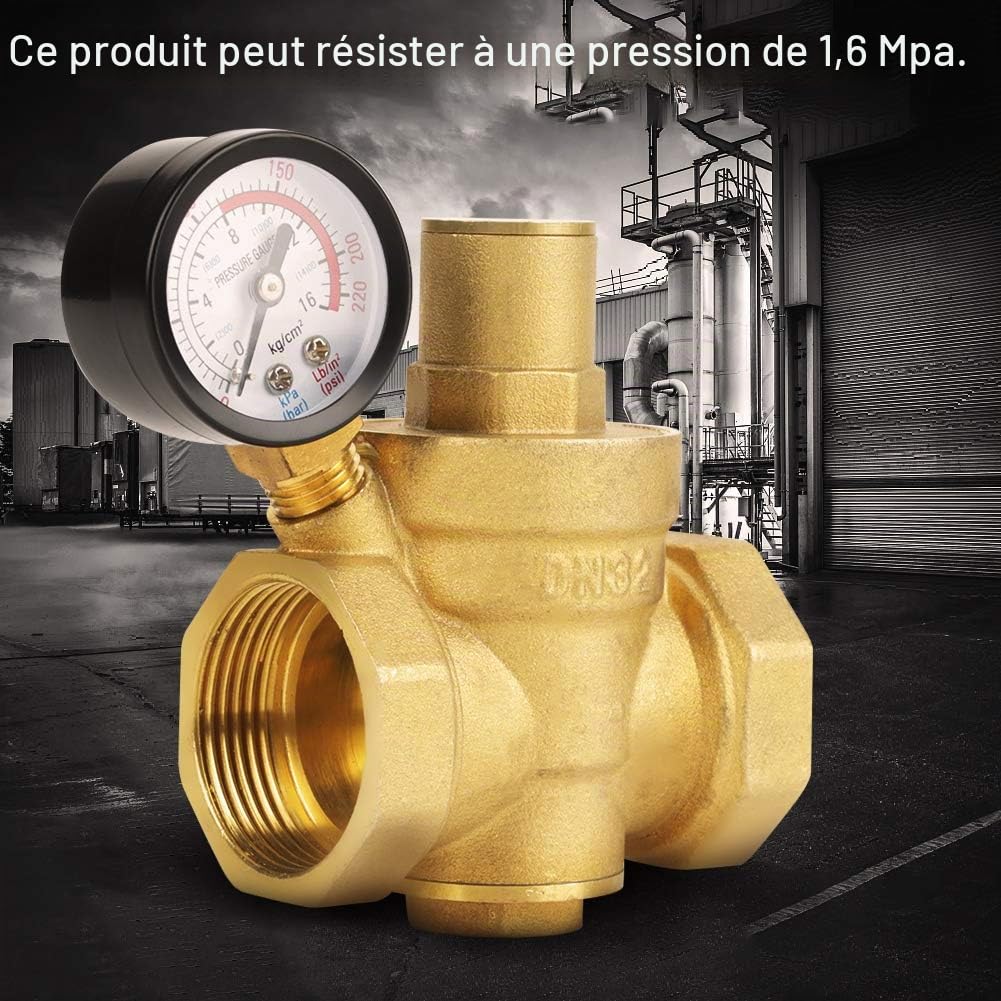 Réducteur de pression, Économiseur d'énergie Installation Facile Durabilité Haute Performance Régulateur d'eau DN32 Laiton Jauge 1.6MPa Valve Ajustable BSP 1-1/4" pour Maisons
