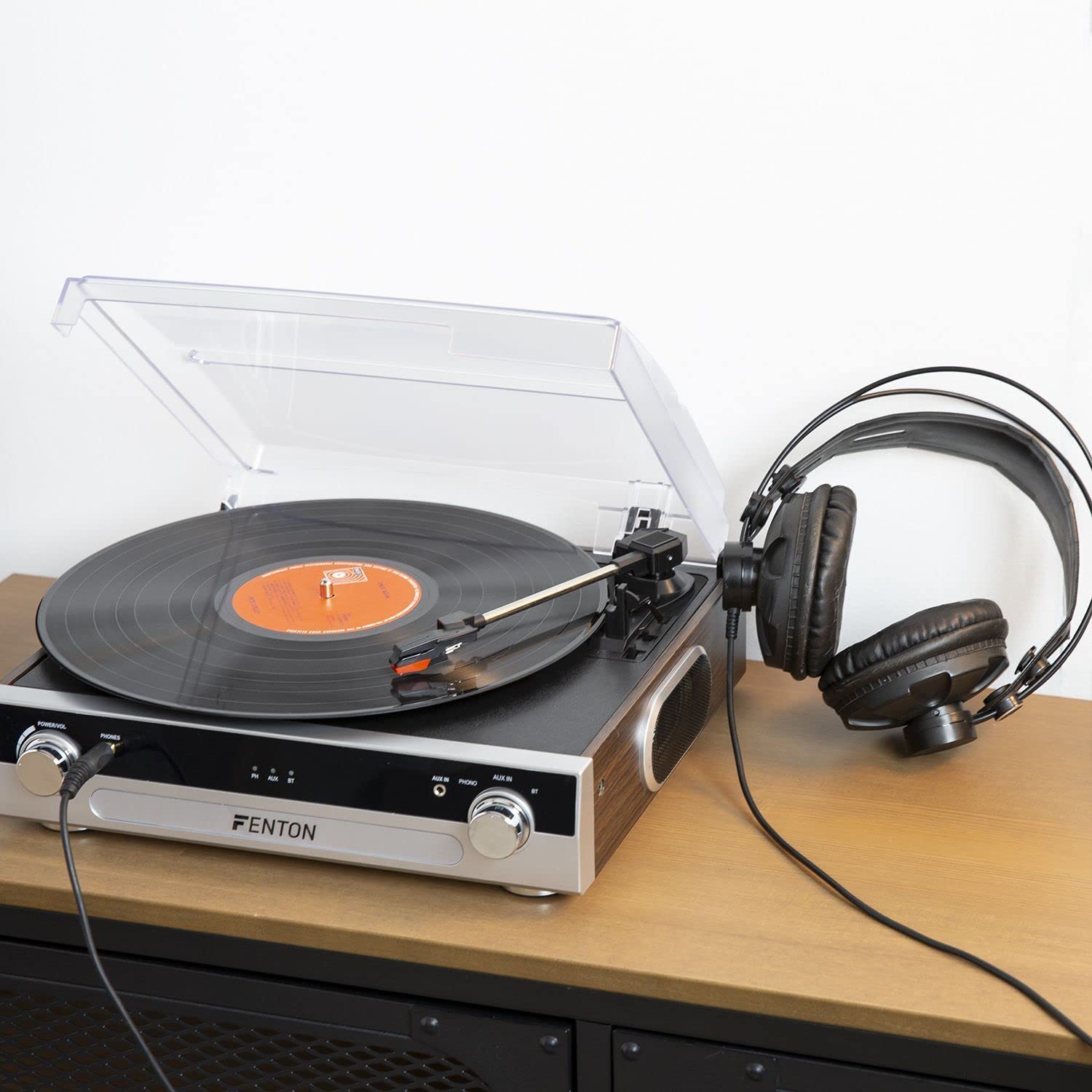 Fenton RP102A - Giradischi Bluetooth in alluminio/legno, ruota disco con altoparlanti integrati, adatto per dischi da 33, 45 e 78 giri, funzione di registrazione mp3 tramite USB