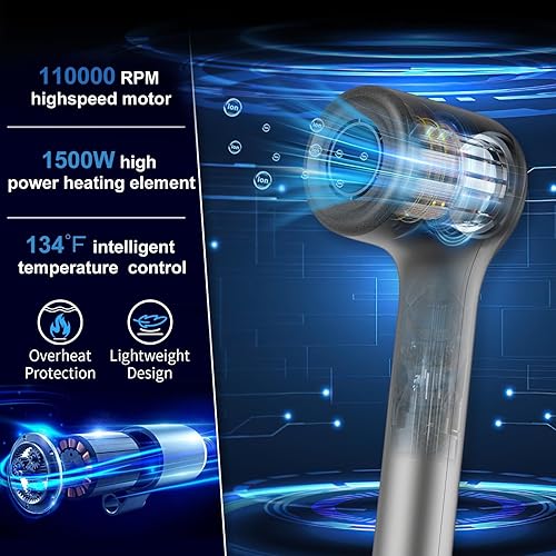 Miniatura 2 de Secador de pelo con difusor, secador iónico con motor sin escobillas de alta velocidad para secado rápido, secador de pelo profesional de bajo ruido