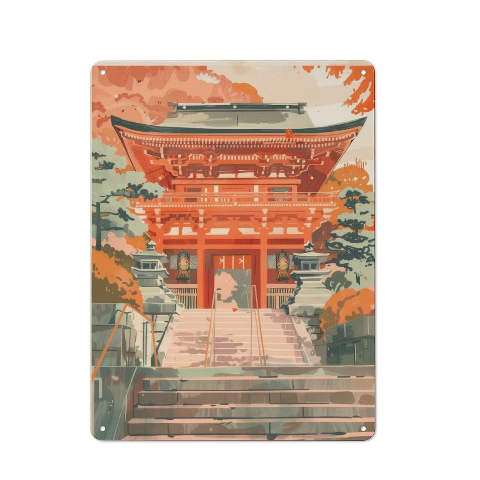 Japanese Shinto Temple Rustic Tin Sign 40x30cm for Pub Or Café, for Collectors Building A Themed Wall Display