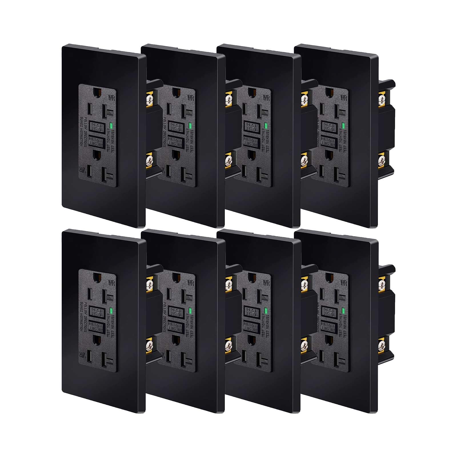 Black GFCI Outlet 20 Amp,NineLeaf 8Pack Gfi Electrical Outlet 20 Amp Black,Weather Resistant Ground Fault Circuit Interrupters,Screwless Wall Plate Included, Indoor/Outdoor,Residential Grade,ETL List