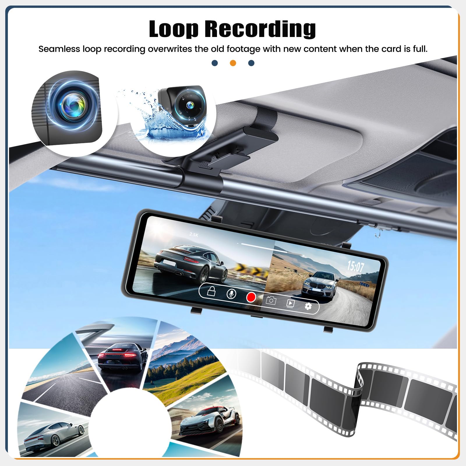 SIXTOP Dash Cam 10 Pulgadas, Espejo Inteligente para Coche con GPS/Cámara Doble Panel/Visión Nocturna/Tarjeta 64G+Cámara de visión trasera