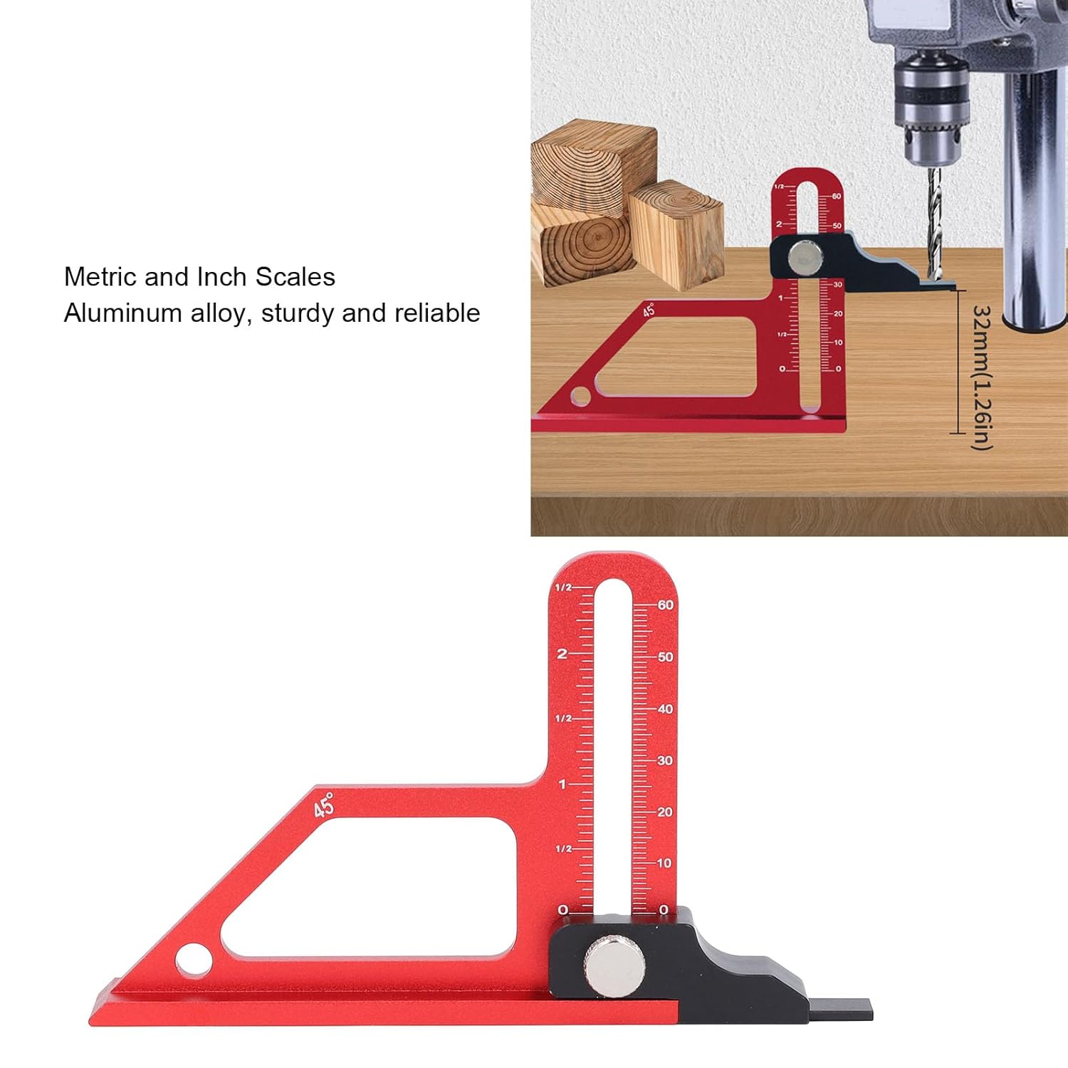 Height Gauge, 0-60mm / 0-2.4 Adjustment Depth Gauge, 2 in 1 Woodworking Tool with 45° Bevel for Table Saw Router Table Drill Press Bandsaw