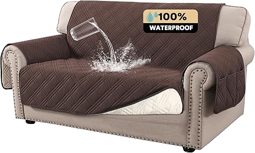 PrinceDeco Fundas 100% impermeables para sofá de 2 cojines, impermeable y lavable, con bolsillo lateral, protector de muebles con correas elásticas