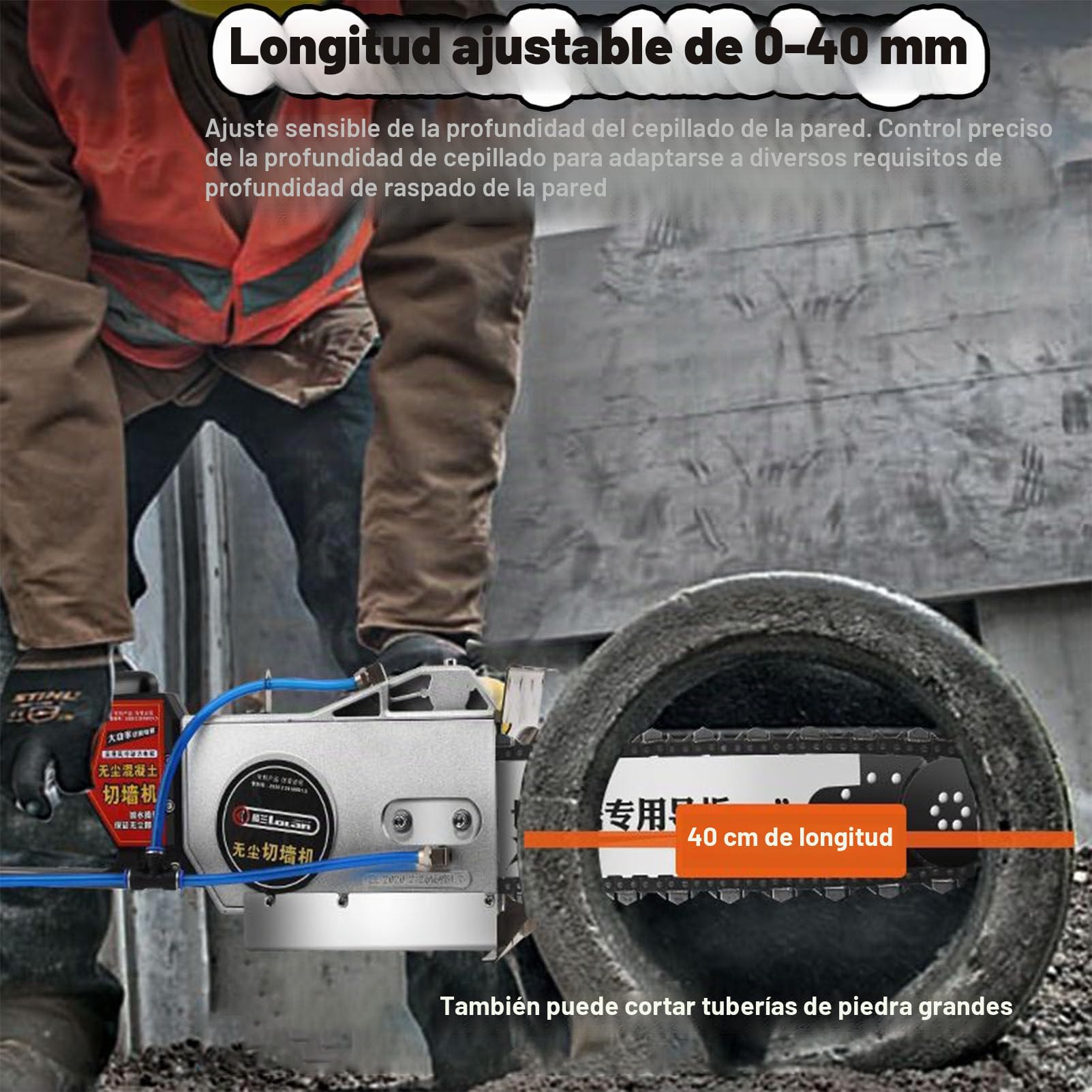 Motosierra de mano para cortar muros, cortadora de muros eléctrica de cadena diamantada para hormigón, con de supresión de polvo con alimentación de agua, 2 cadenas y 2 barras guía,480
