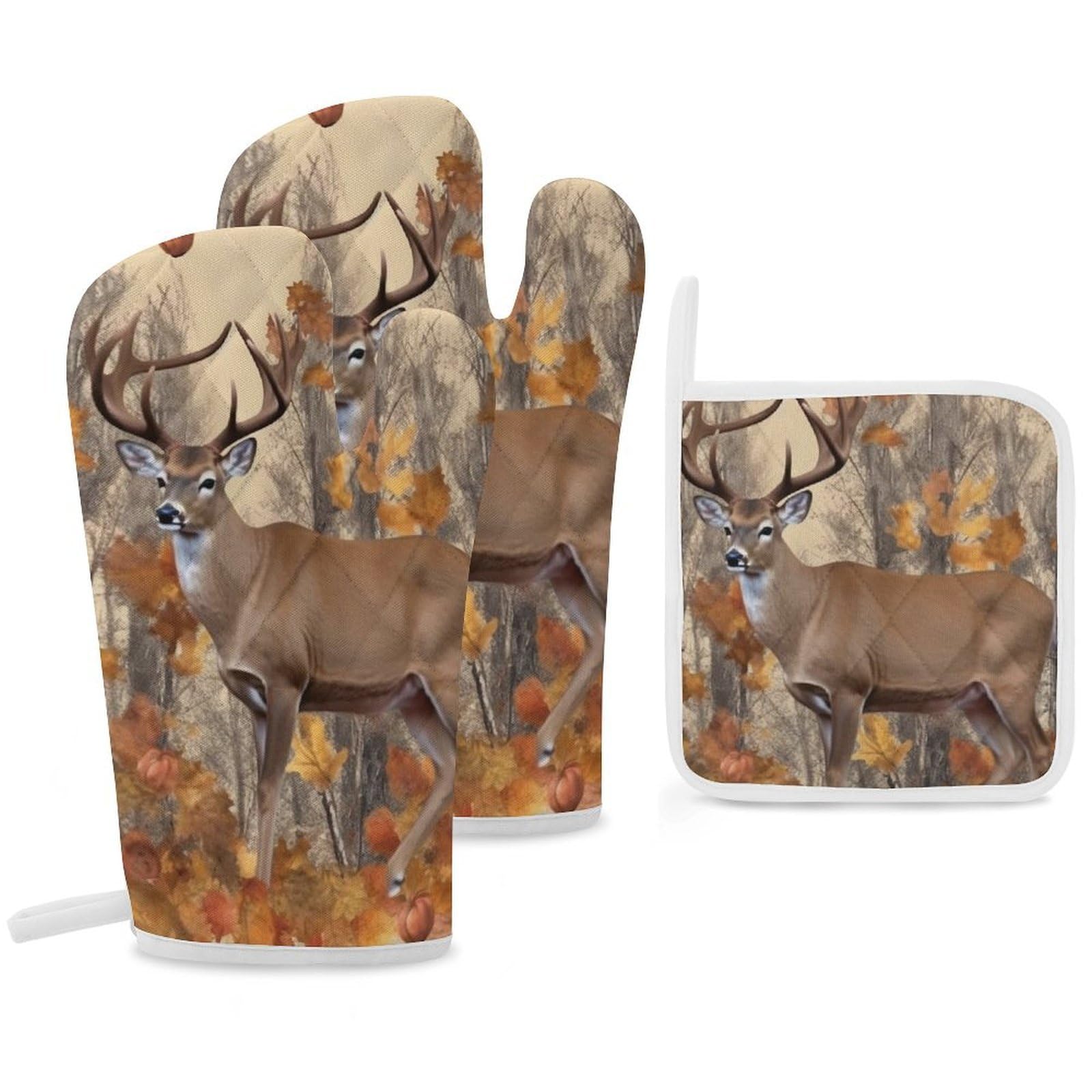 Oven Mitts And Pot Holders Sets of 3 Heat Resistant BBQ Gloves Deer And Acorns with Autumn Oven Mitts Gloves Non-Slip Kitchen Mittens Potholders for Cooking Baking Grilling BBQ Microwave