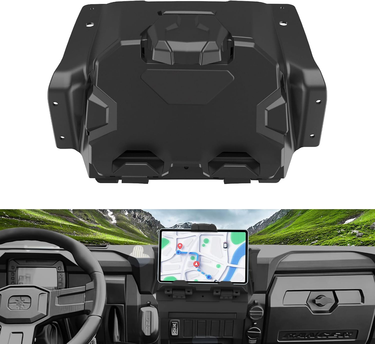 Electronic Device Tablet Phone Holder with Storage Box Organizer Tray for Polaris Ranger SP 570, GPS Phone Mount, Black