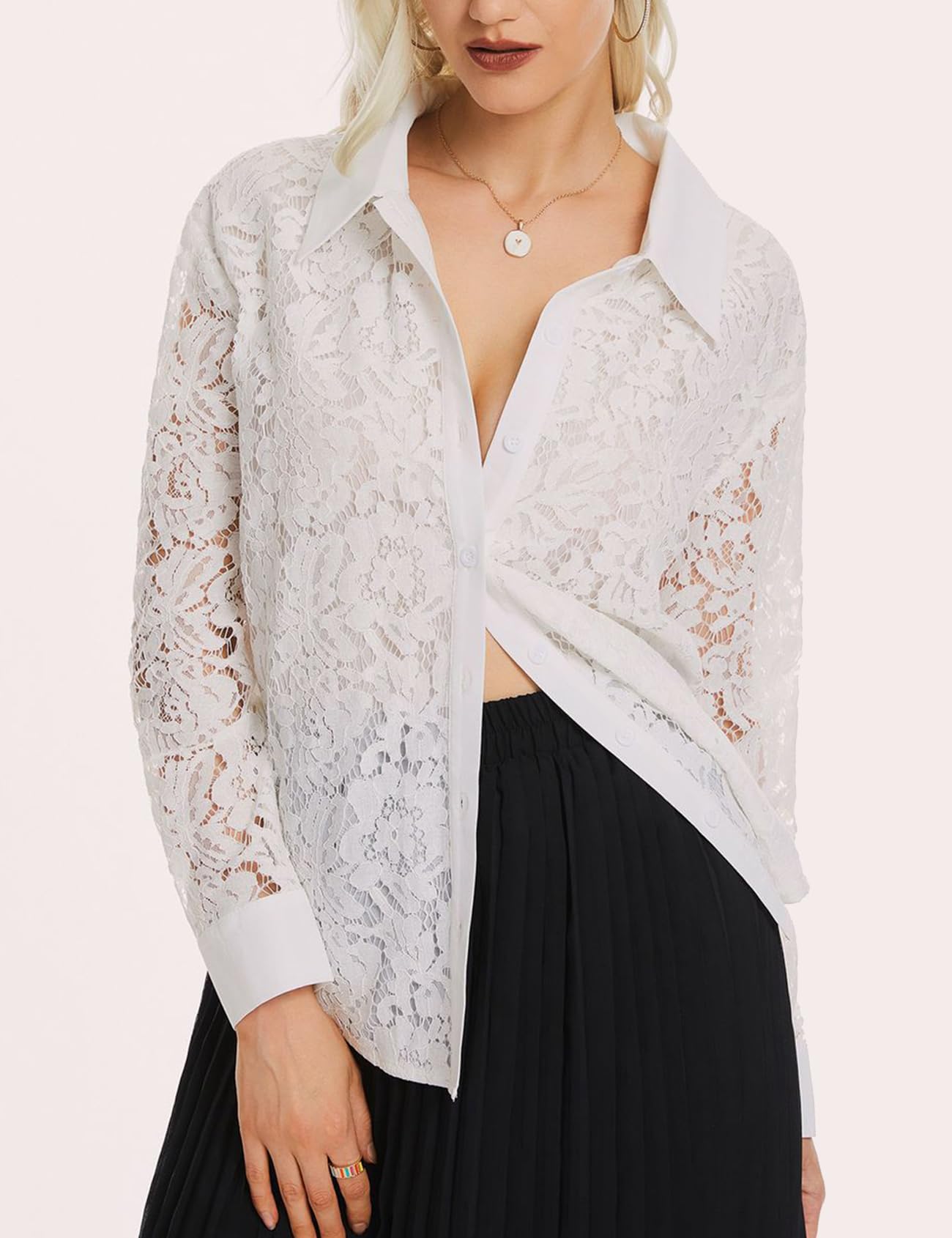Wyeysyt Pizzo - Camicetta da donna: top a maniche lunghe in pizzo trasparente, elegante camicia elegante, top da donna e camicette