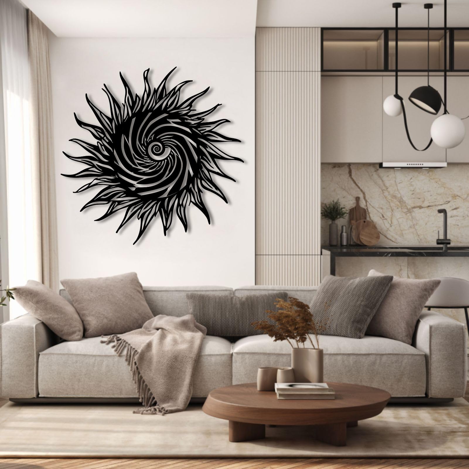 Metalowa dekoracja ścienna Wisząca rzeźba spiralny wzór słońca do salonu sypialnia łazienka lub biuro złoty kolor 60 x 60 cm (24 x 24 cale)