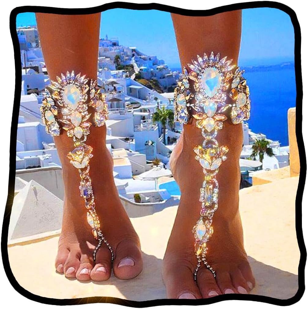 Woeoe Rhinestone Anklet Silver Crystal Barefoot Sandals Foot Chain Pearl Anklets Foot Chain Beach Foot Charm Jewelry for Women and Girls