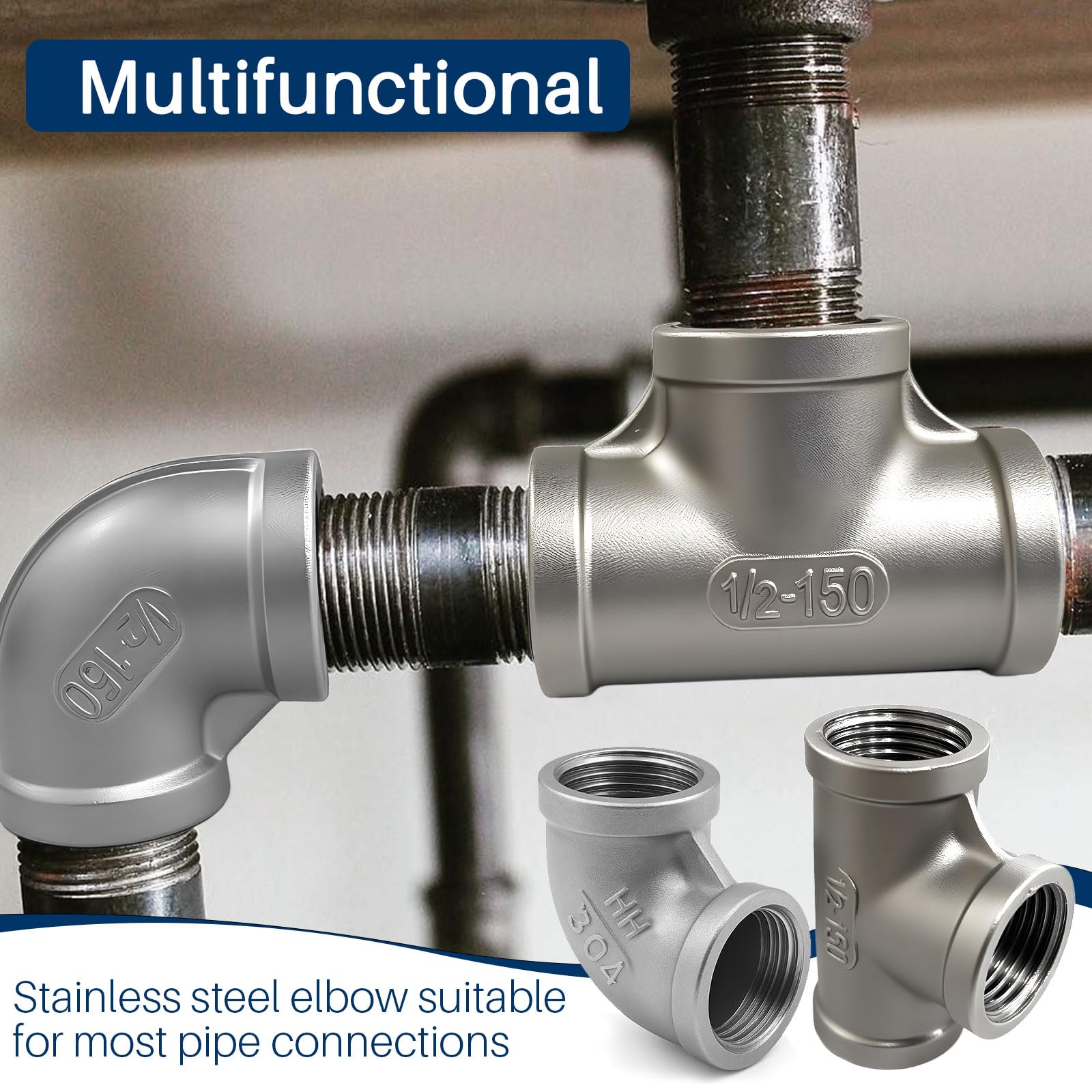 11 Stück DN15 Edelstahl Fittings, Edelstahl Doppelnippel T Stück Winkel 90 Grad 1/2 zoll Innengewinde Außengewinde für Wasserrohr Bewässerung, mit Teflonband