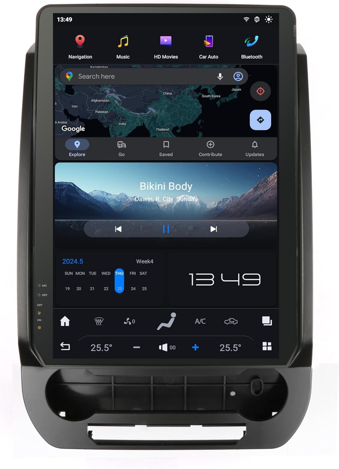 ZWNAV car radio display showing a navigation map interface with search bar and map controls.