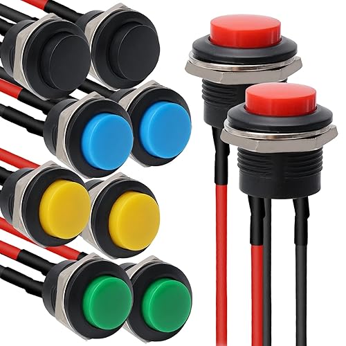 STARELO 10 interruptores de botón momentáneos redondos de 0.630 in SPST 3A AC250V6A AC125V 2Pin 1NO con cables pre-soldados R13-507 (dos de cada uno