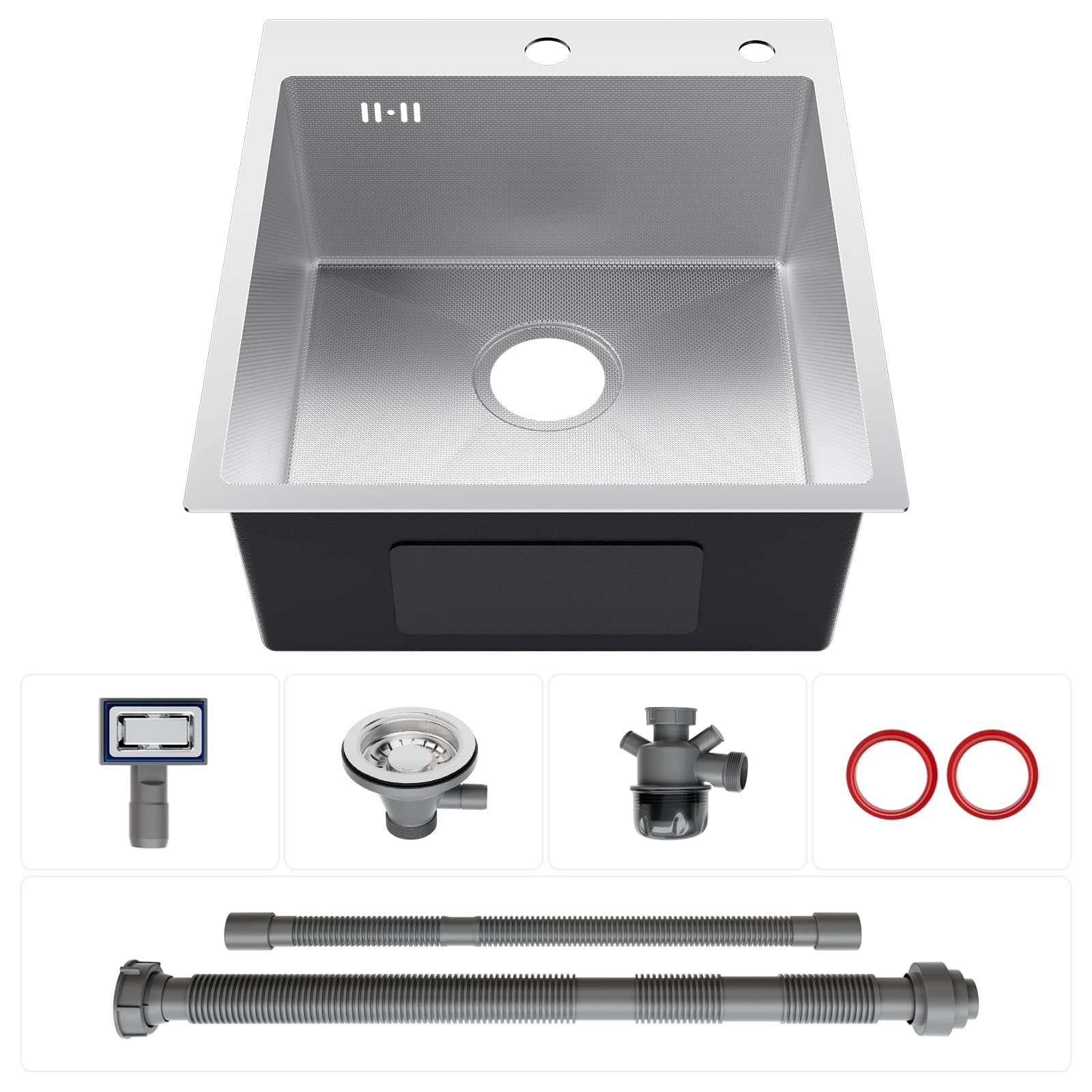 CECIPA 44x49 cm Lavello Cucina 1 Vasca in Acciaio Inox con Foro, Lavandino Cucina 1 Vasca per Mobile da 45cm, Lavello da Incasso o Banco con Sifone e Scarico