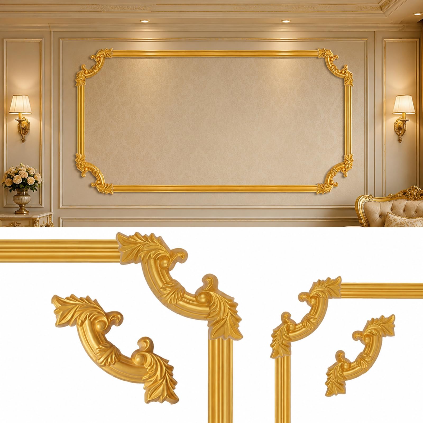 CBBEONRN Peel And Stick Wall Molding Kit PVC Flexible Trim for Bathroom Ceiling Gold,10m