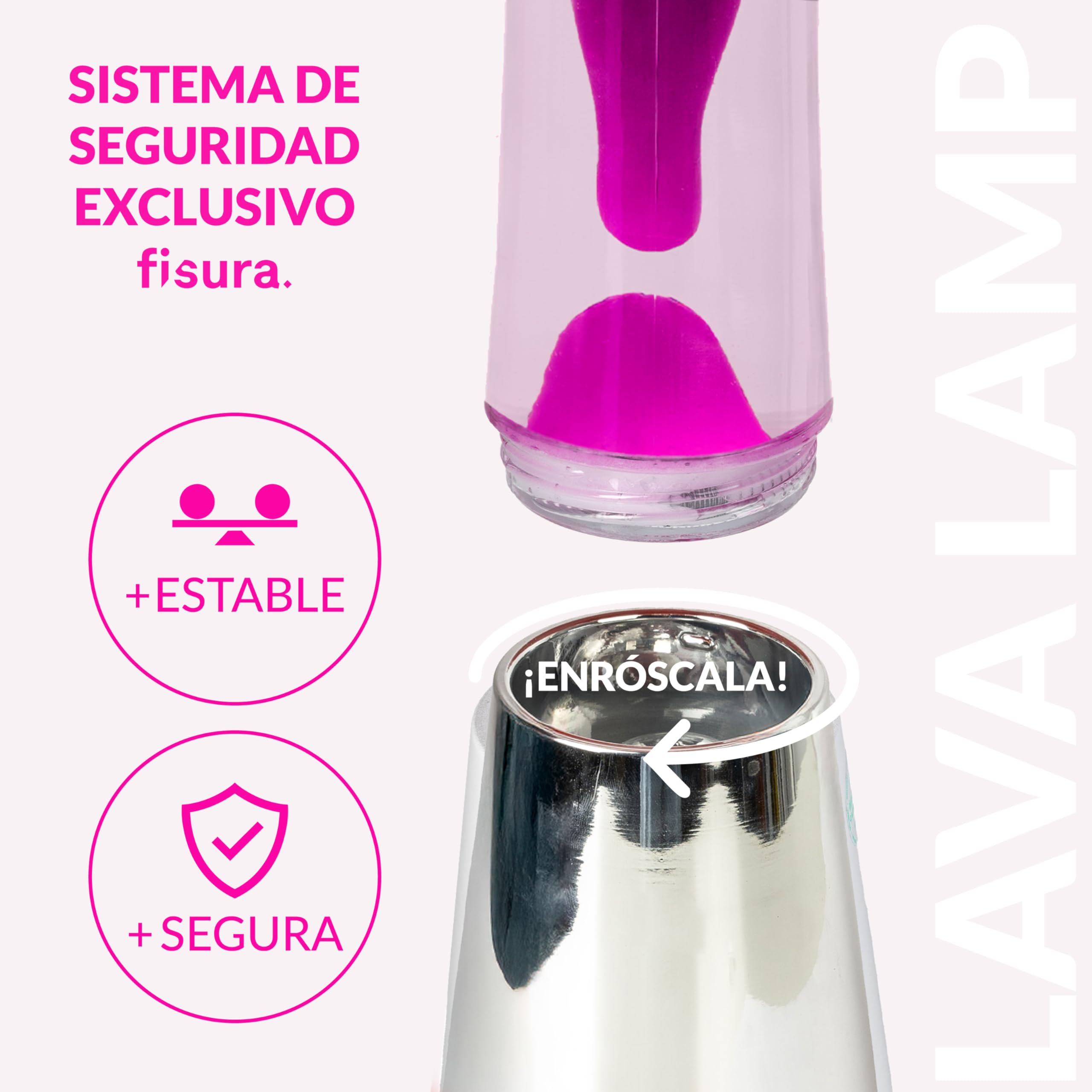 Fisura - Lámpara de lava rosa. Base cromada oro rosa, líquido transparente y lava. Lámpara efecto relajante. Con bombilla de repuesto. 11 cm x 11cm x 39,5 cm