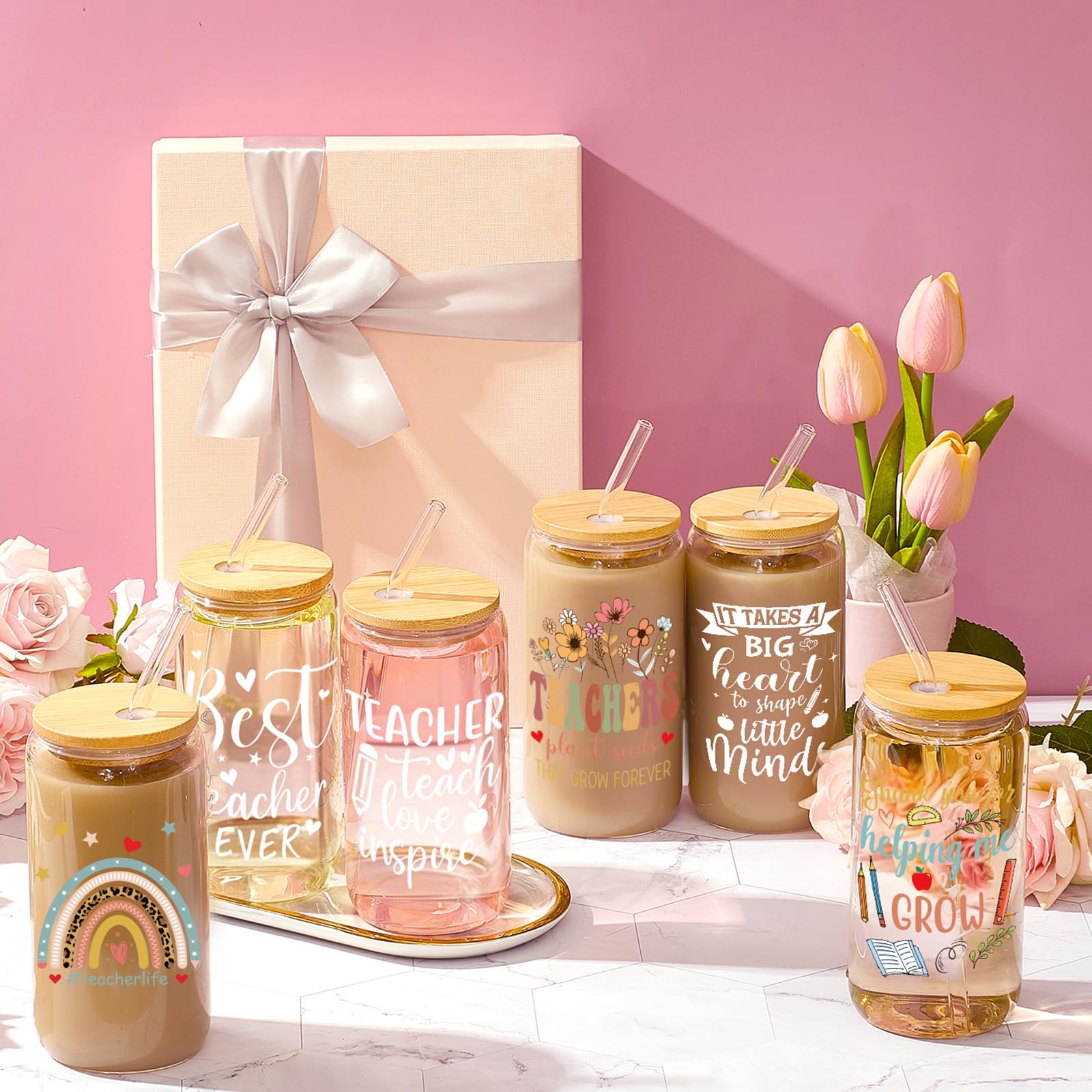 12 paquetes de regalos para profesores para mujeres y hombres, vasos de vidrio de 16 onzas con tapas y popotes, regalos de agradecimiento de agradecimiento, lata de cerveza, taza de café, taza
