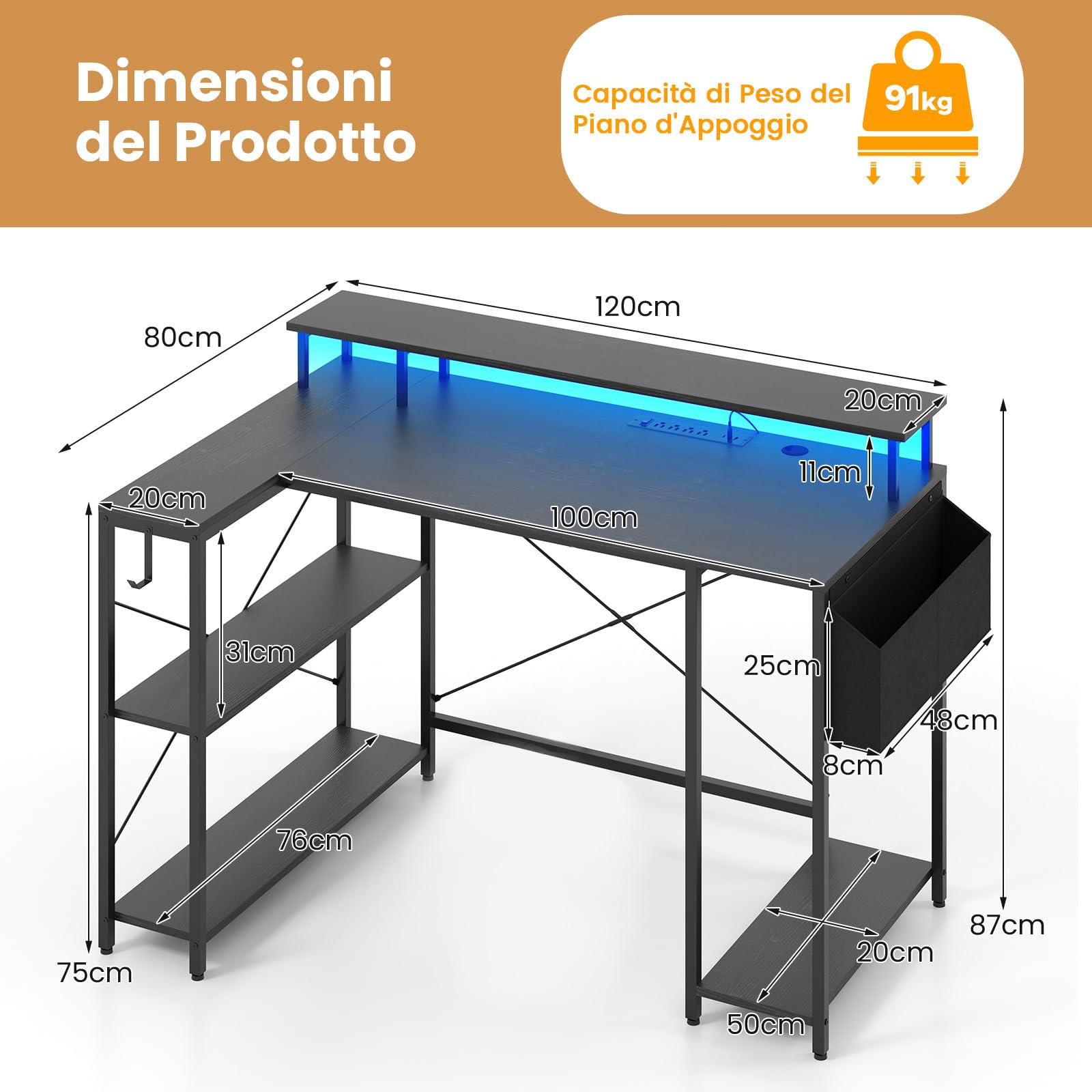COSTWAY Scrivania Angolare da Gaming, Scrivania Salvaspazio a Forma di L con Luci LED, Stazione di Ricarica, Ripiani e Supporto per Monitor, Scrivania ad Angolo per Casa e Ufficio (Nero)