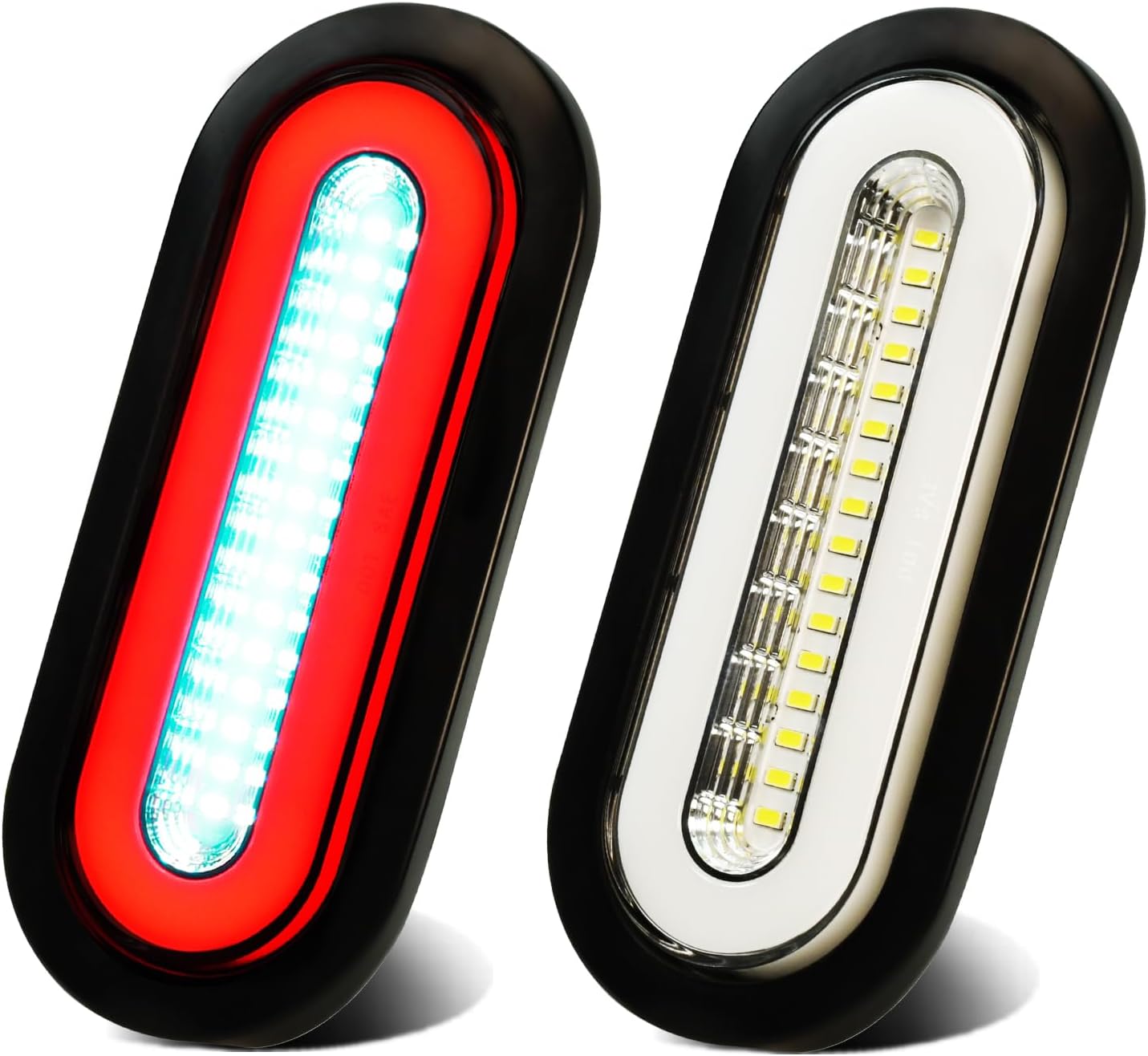 2Pcs Clear lens 6" inch Oval 52 LEDs Halo Combination White/Red Trailer lights LED Stop Turn Brake Reverse Light【Patented】 w/Rubber Grommet Submersible IP67 for Truck/RV/Van/Boat,DC 12V