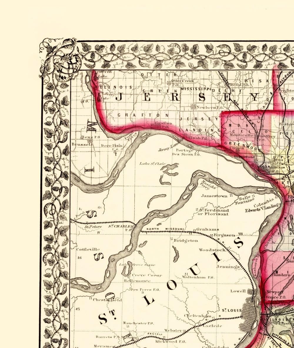 MAPS OF THE PAST Historic County Map - Madison St Clair Monroe Counties Illinois - Campbell 1870-23 x 27.25 - Vintage Wall Art