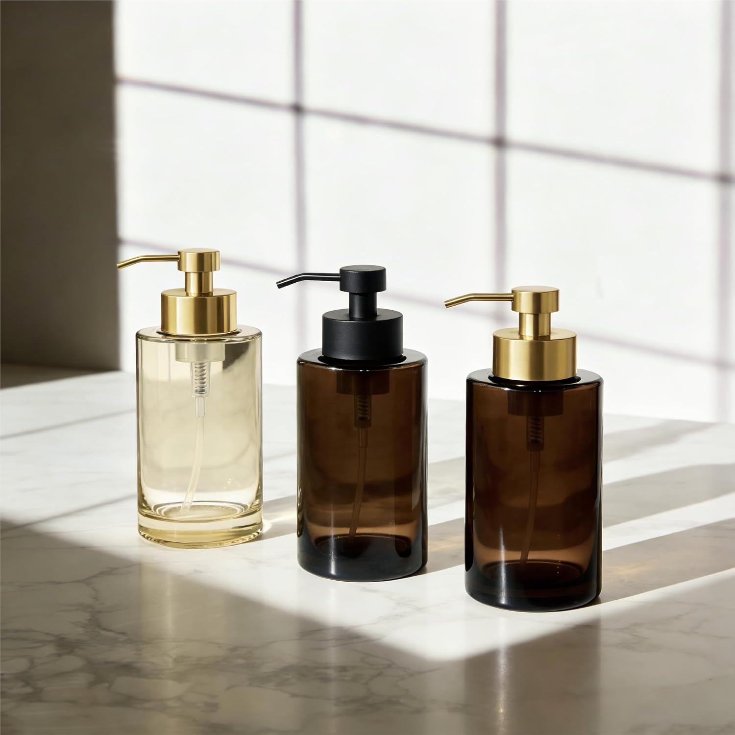 Bathroom Countertop Foaming Soap Dispenser Glass with Stainless Steel Pump 12 oz Vintage Foaming Design (1, Amber Glass + Black Pump)