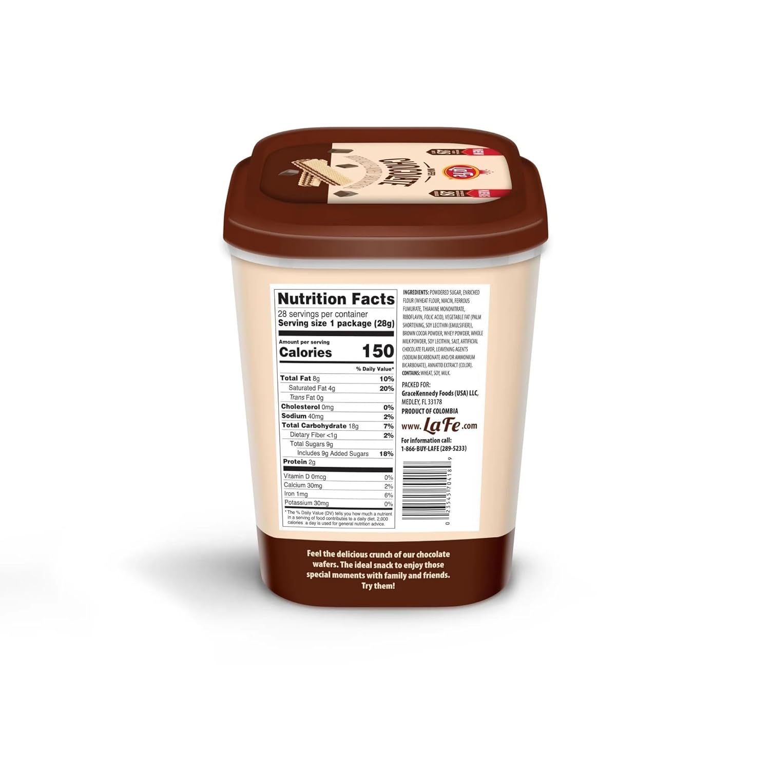 La Fe Chocolate Wafers in a 28 count (individually wrapped) resealable Tub- (27.6 Ounce Tub)