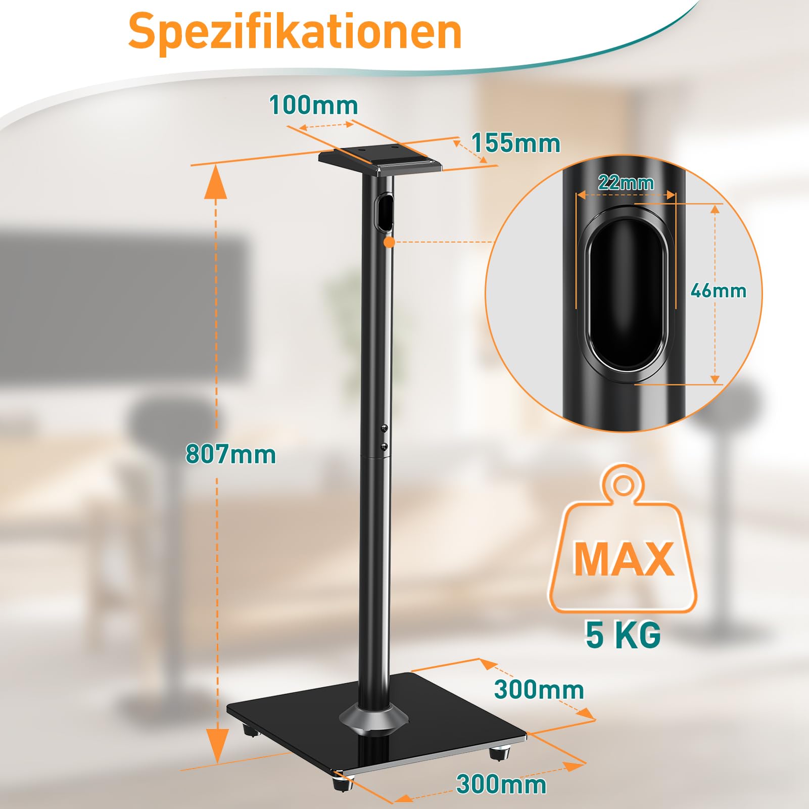 ELIVED Lautsprecherständer für Sonos Era 300, Höhe 80,7cm Bodenständer mit Glassockel, Max. 5kg, Schwarz, 1 Paar, EV5026