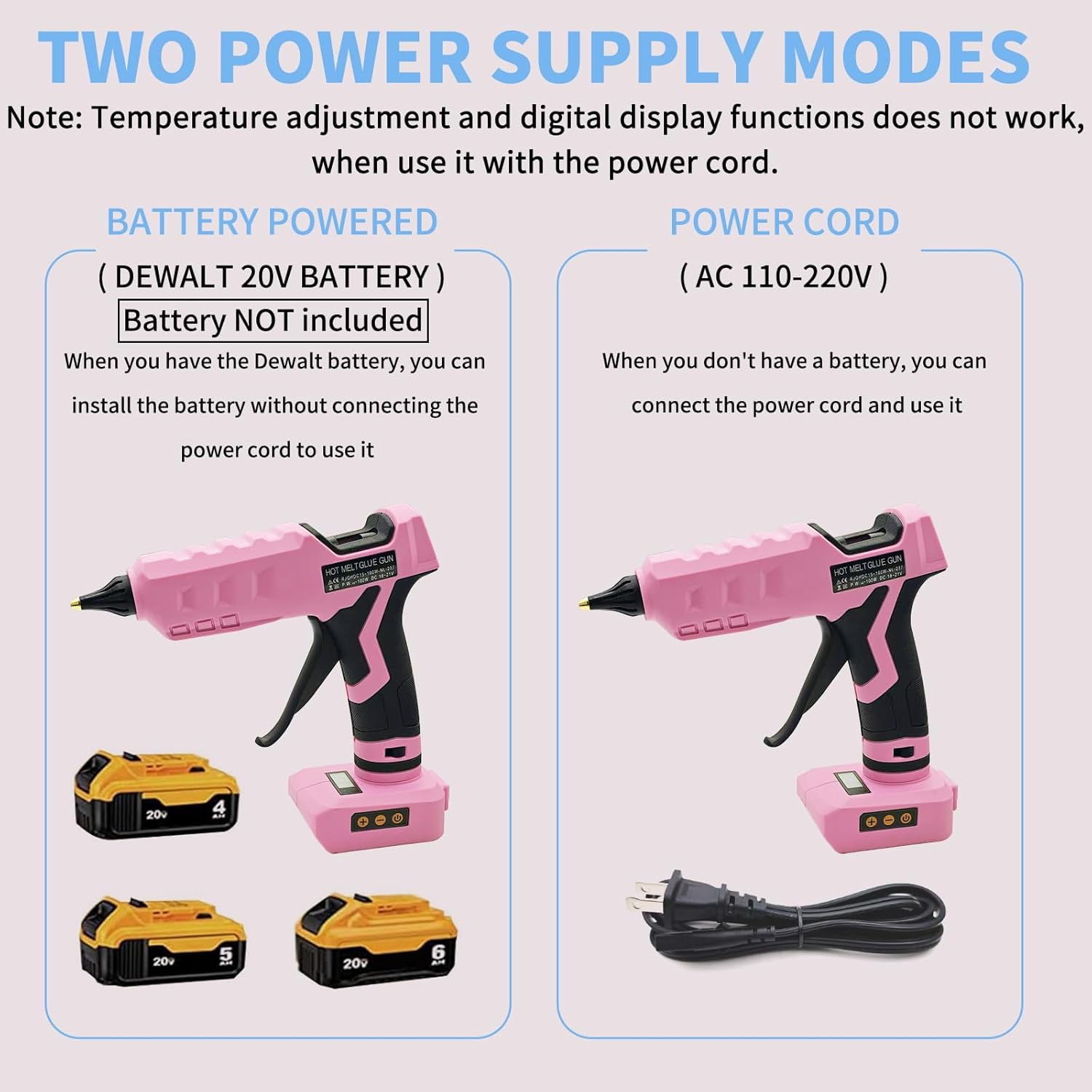 100W Cordless Hot Glue Gun for Dewalt 20V MAX Battery with 20PCS Full Size Glue Sticks, Digital Temperature Adjustable High Temp Glue Gun for Arts Crafts DIY Home Repair(Tools only)